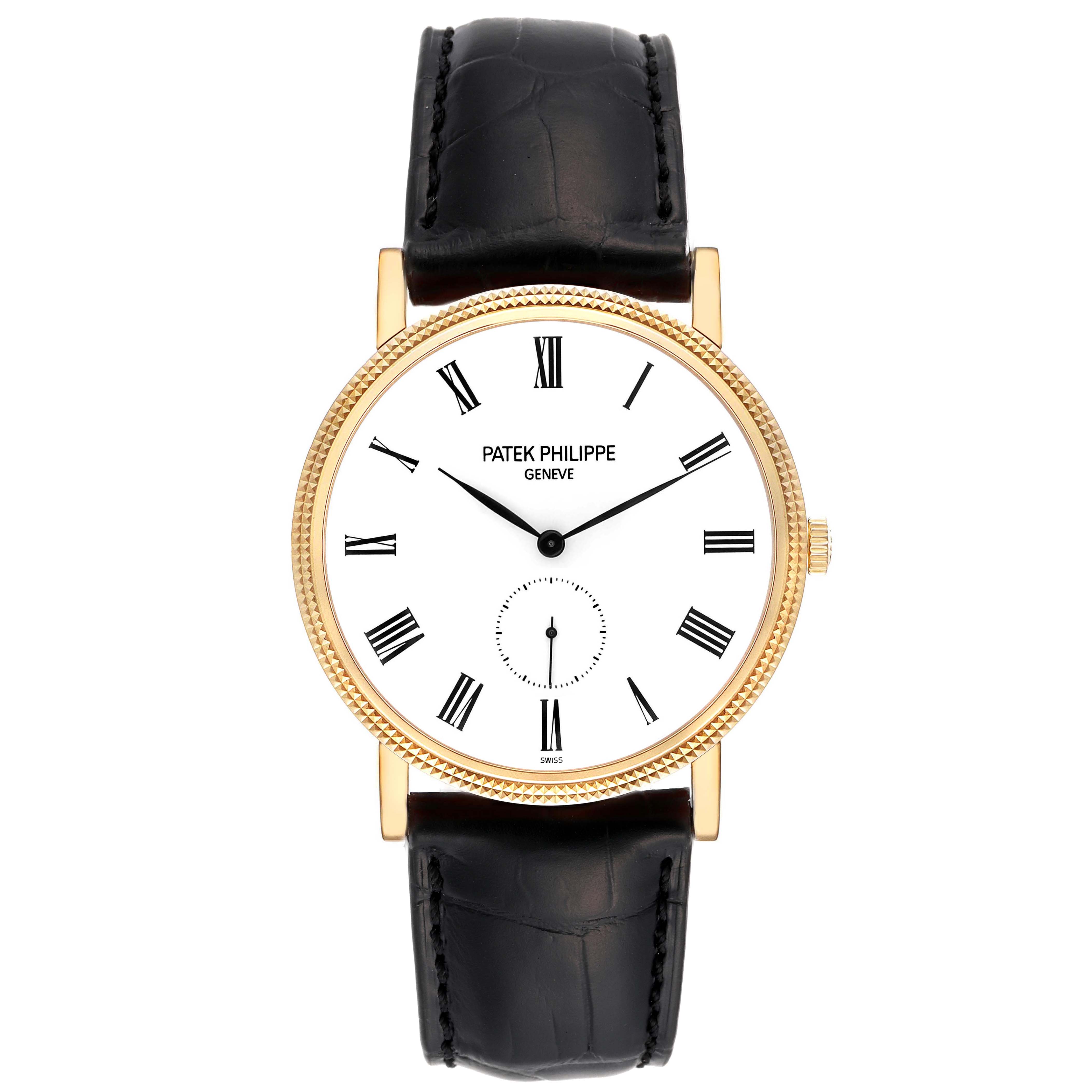 The image shows a front view of a Patek Philippe Calatrava 5119J Men's Yellow Gold White Dial 5119J Men's Yellow Gold White Dial watch with a black strap and a white dial with Roman numerals.