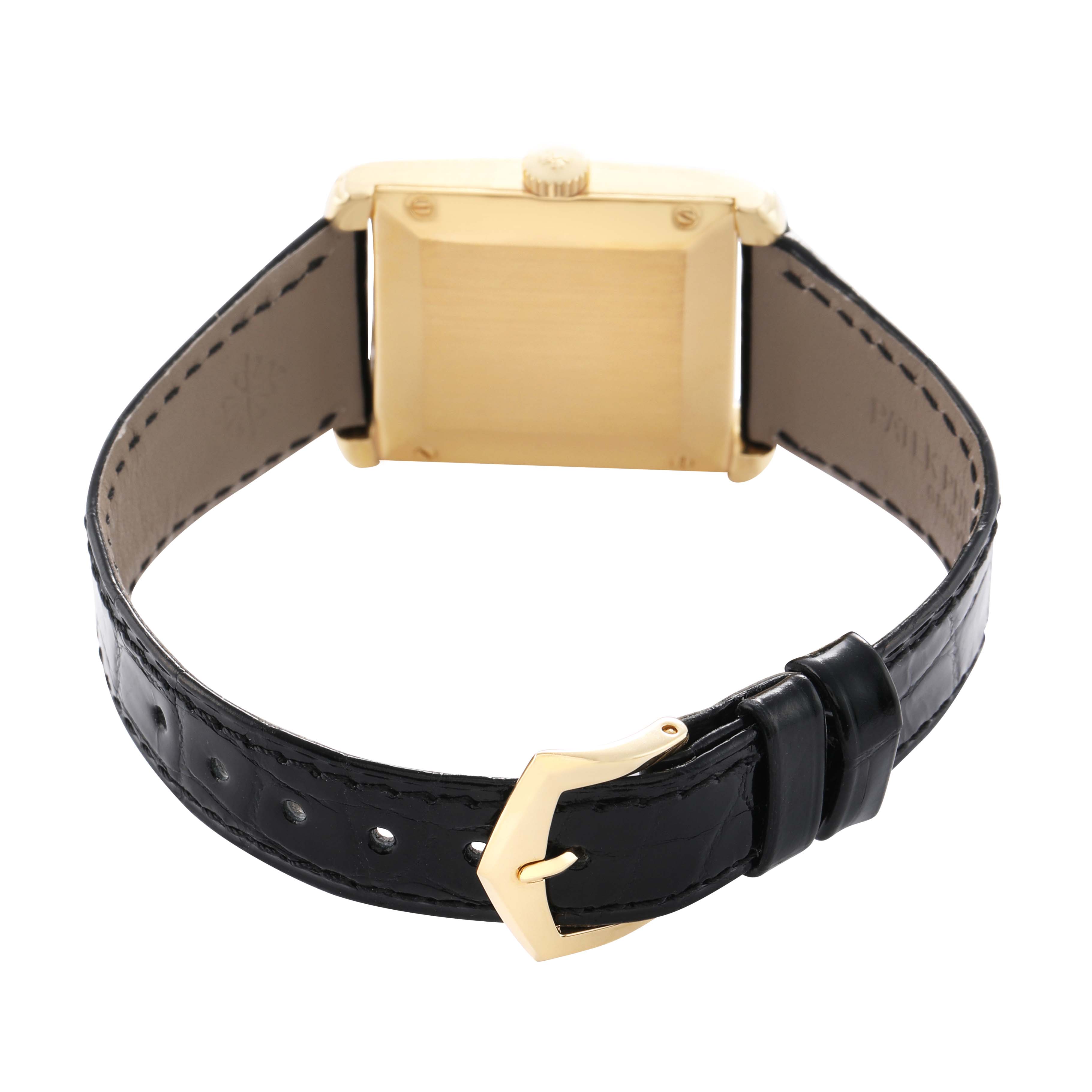 The image shows the back of a Patek Philippe Gondolo 5014J Men's Yellow Gold Silver Dial watch, highlighting the case back, crown, and leather strap with buckle.