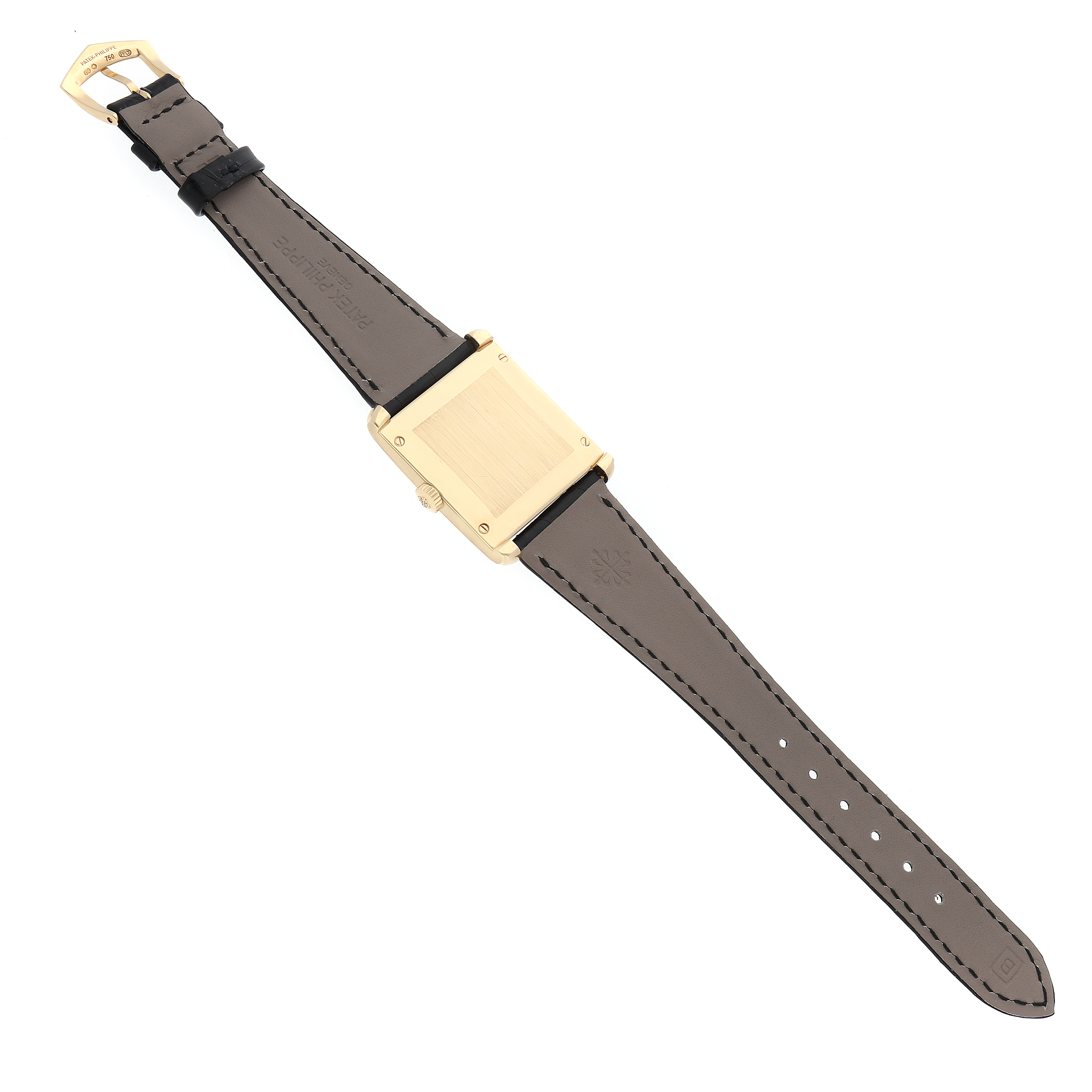 The Patek Philippe Gondolo 5014J Men's Yellow Gold Silver Dial watch is shown from a top-back angle, highlighting the case back, buckle, and leather strap.