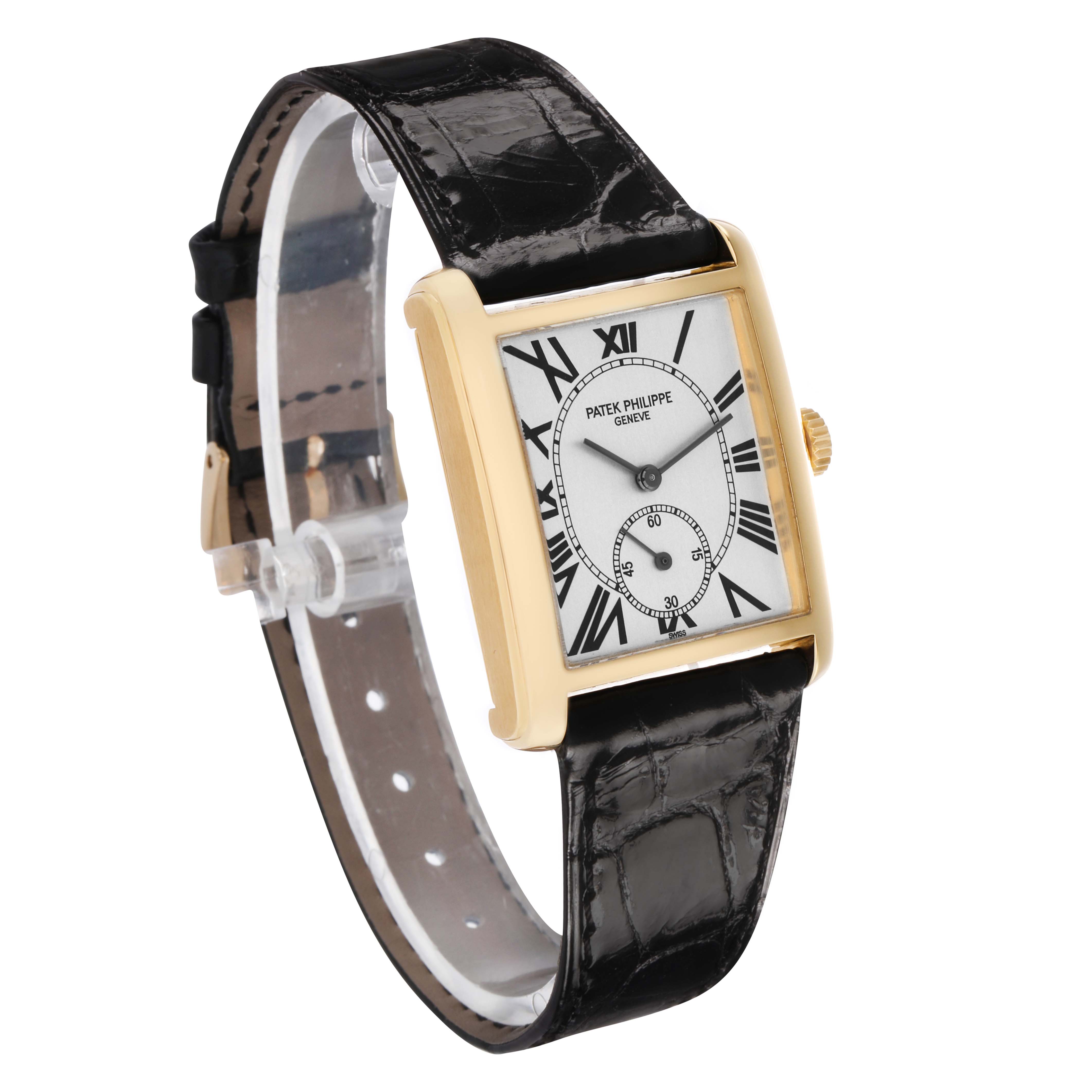 The Patek Philippe Gondolo 5014J Men's Yellow Gold Silver Dial watch is shown at a three-quarter angle, displaying the face, gold case, and black leather strap.