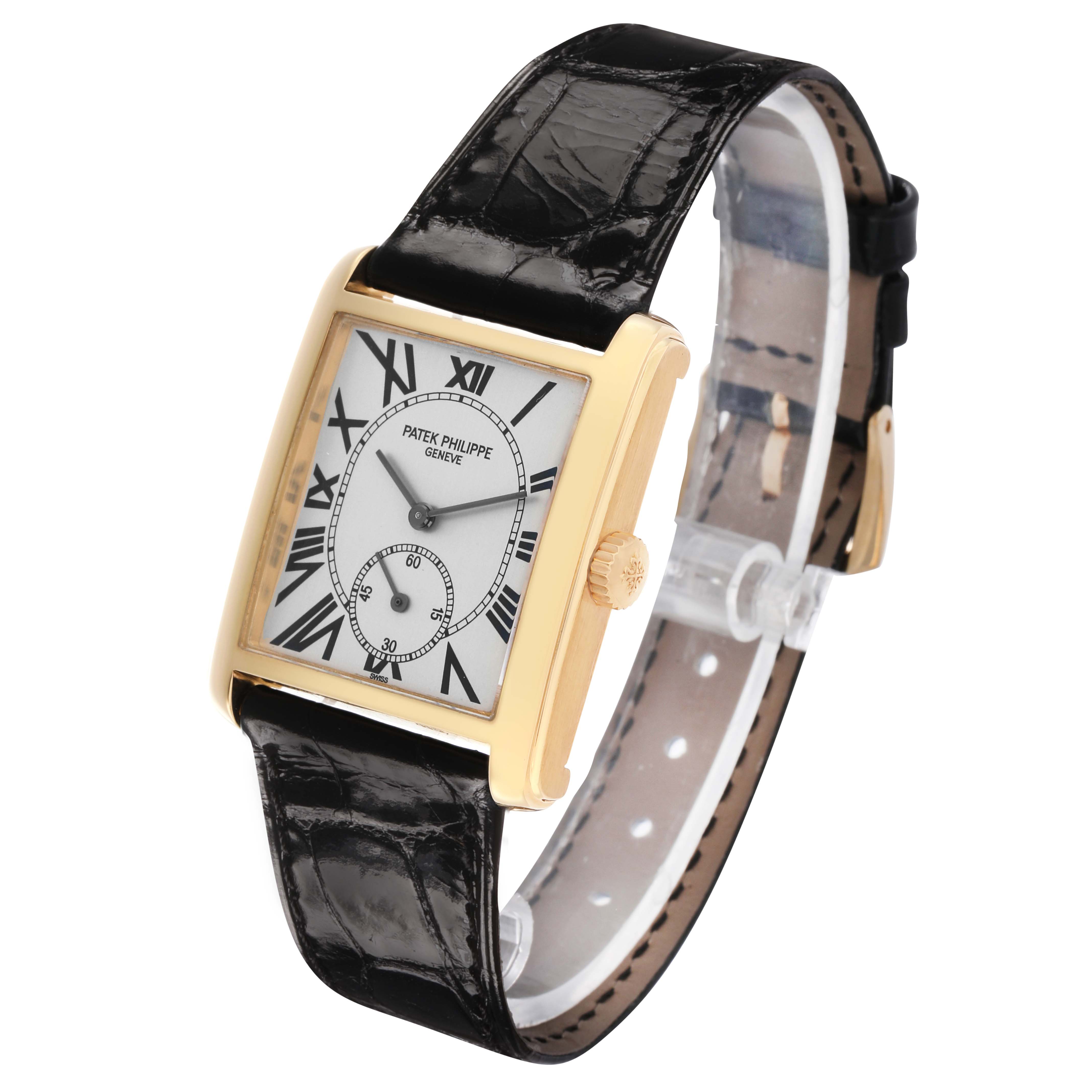 The Patek Philippe Gondolo 5014J Men's Yellow Gold Silver Dial watch is shown at a slight angle, displaying the front face, crown, and leather strap.