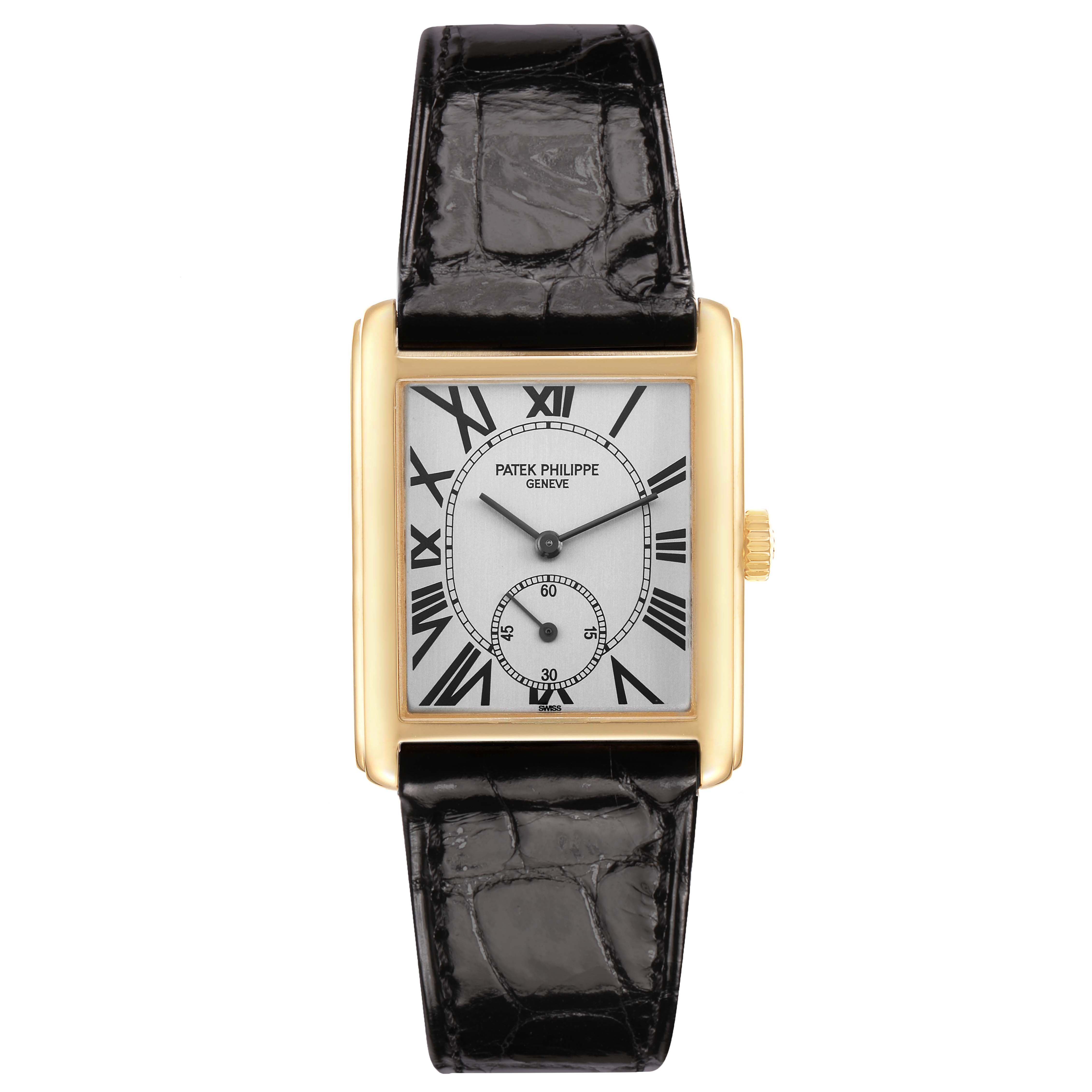 The Patek Philippe Gondolo 5014J Men's Yellow Gold Silver Dial watch is shown from a straight-on angle, highlighting the rectangular face, Roman numerals, and black strap.