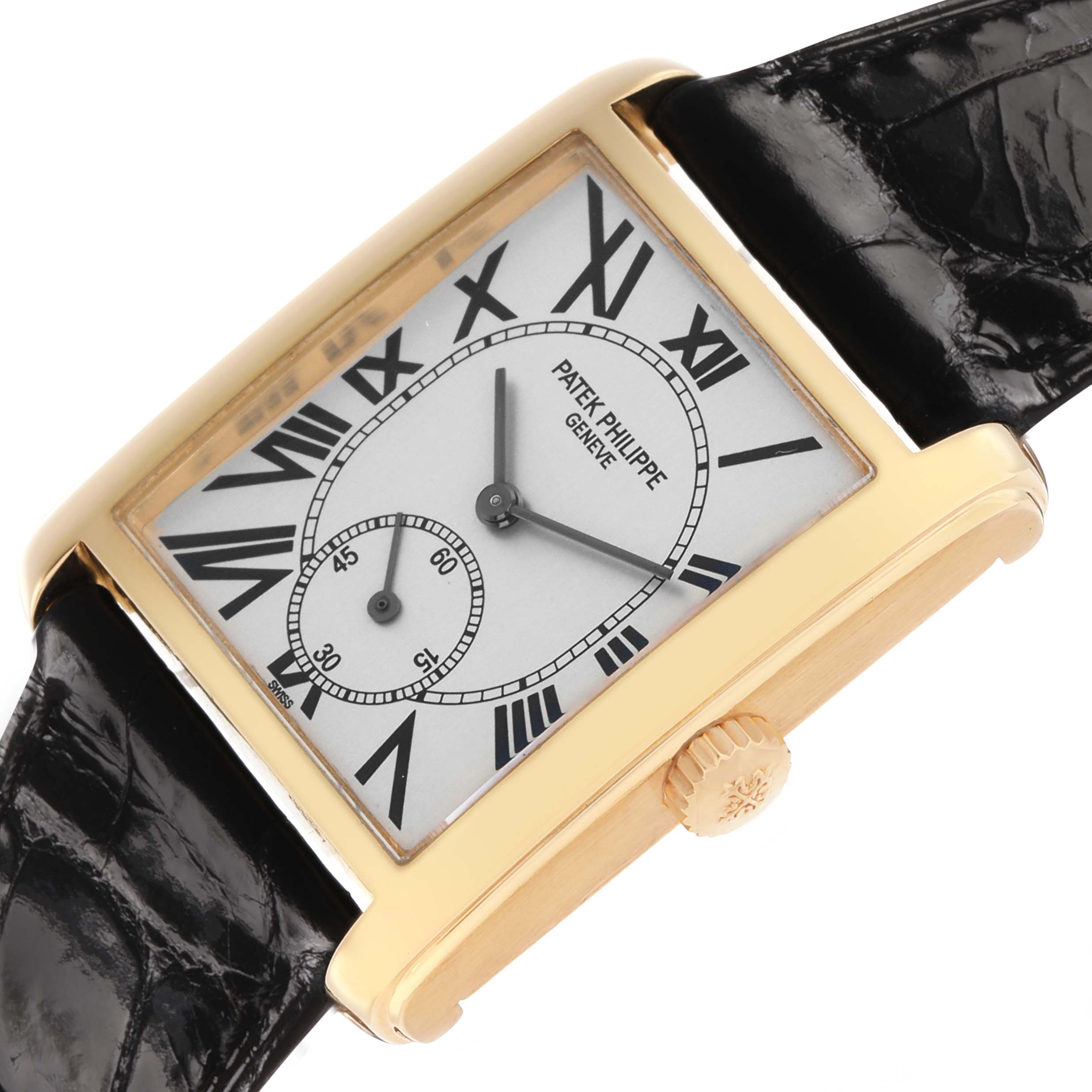 The Patek Philippe Gondolo 5014J Men's Yellow Gold Silver Dial watch is shown at an angle revealing the dial, crown, and strap, emphasizing its rectangular case and Roman numerals.