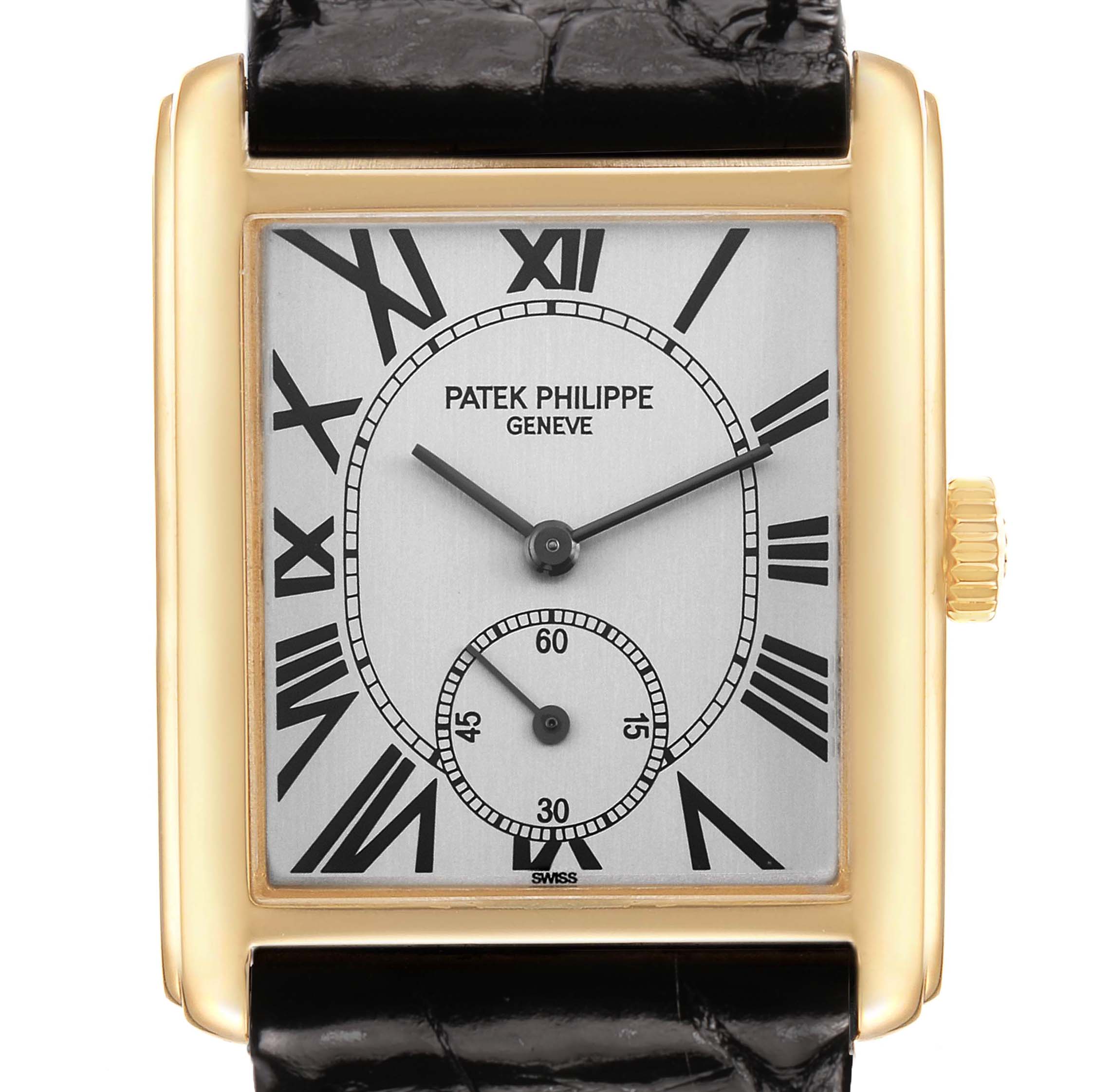The image shows a frontal view of the Patek Philippe Gondolo 5014J Men's Yellow Gold Silver Dial watch, including its dial, Roman numerals, and side crown.