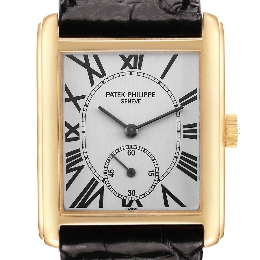 The image shows a frontal view of the Patek Philippe Gondolo 5014J Men's Yellow Gold Silver Dial watch, including its dial, Roman numerals, and side crown.