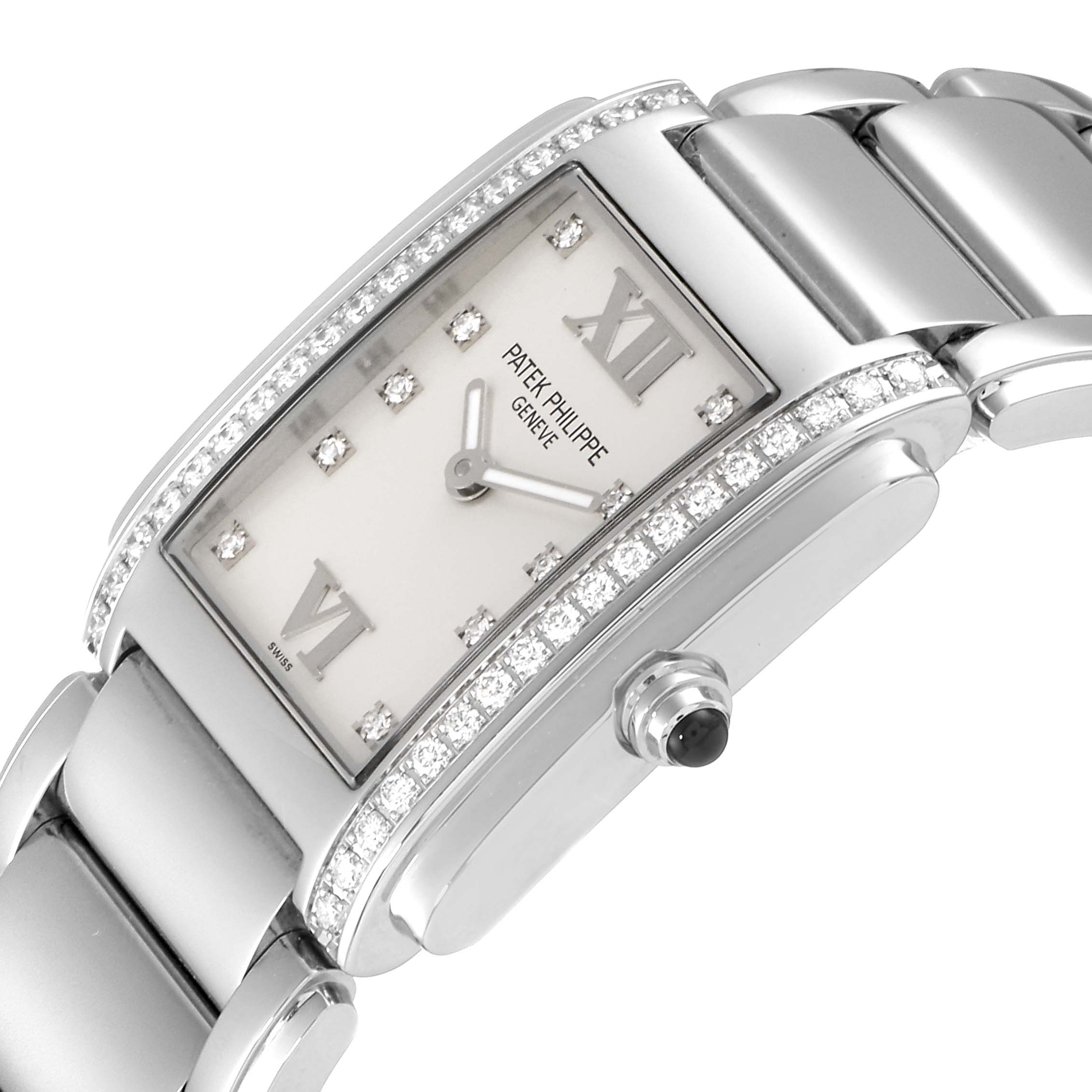 The image shows a close-up angled view of a Patek Philippe Twenty-4 4910/10A-010 Women's Stainless Steel Silver Dial 4910/10A-010 Women's Stainless Steel Silver Dial watch, highlighting its face, diamond bezel, and bracelet.
