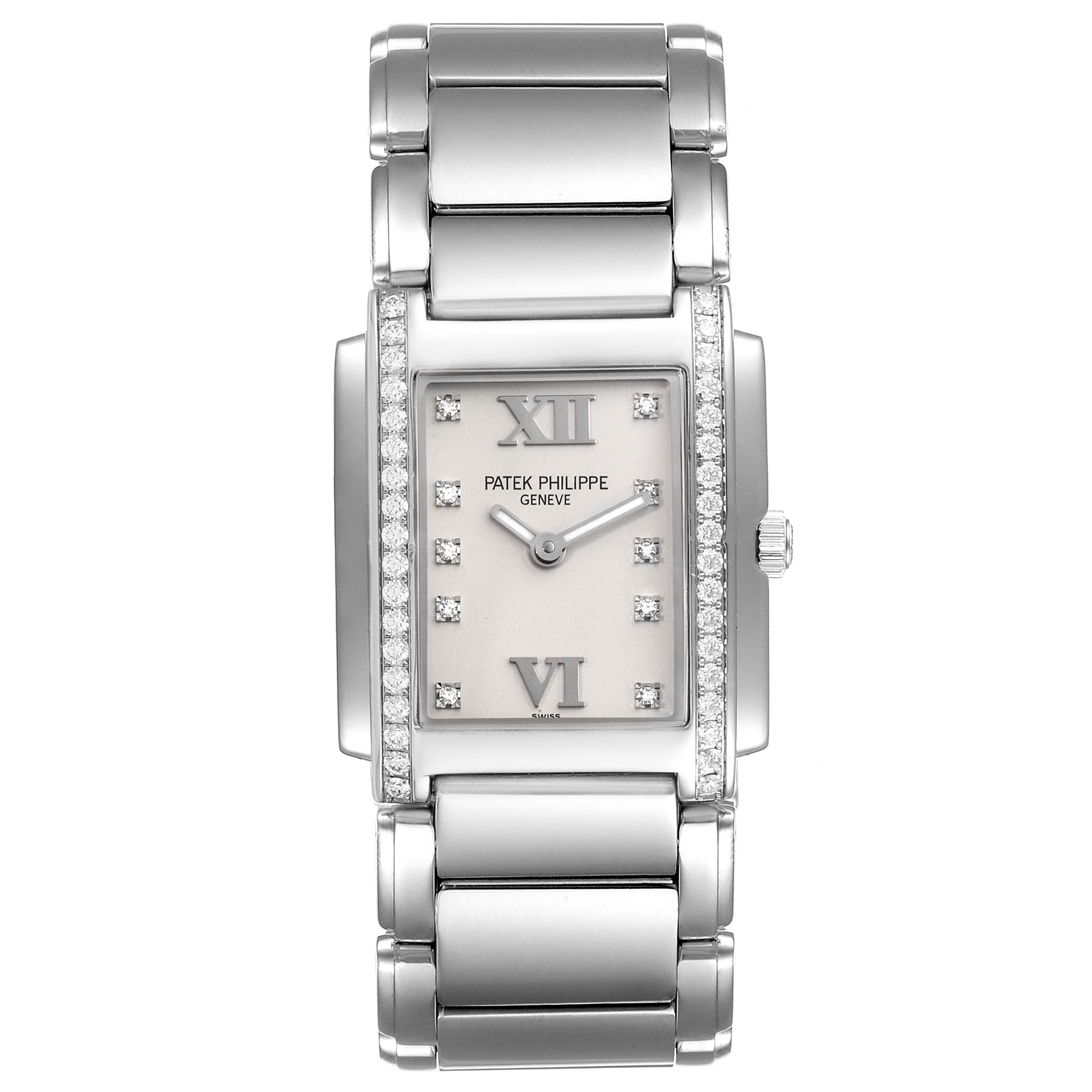 This image shows a front view of a Patek Philippe Twenty-4 4910/10A-010 Women's Stainless Steel Silver Dial 4910/10A-010 Women's Stainless Steel Silver Dial watch, highlighting the face, bezel, and bracelet.