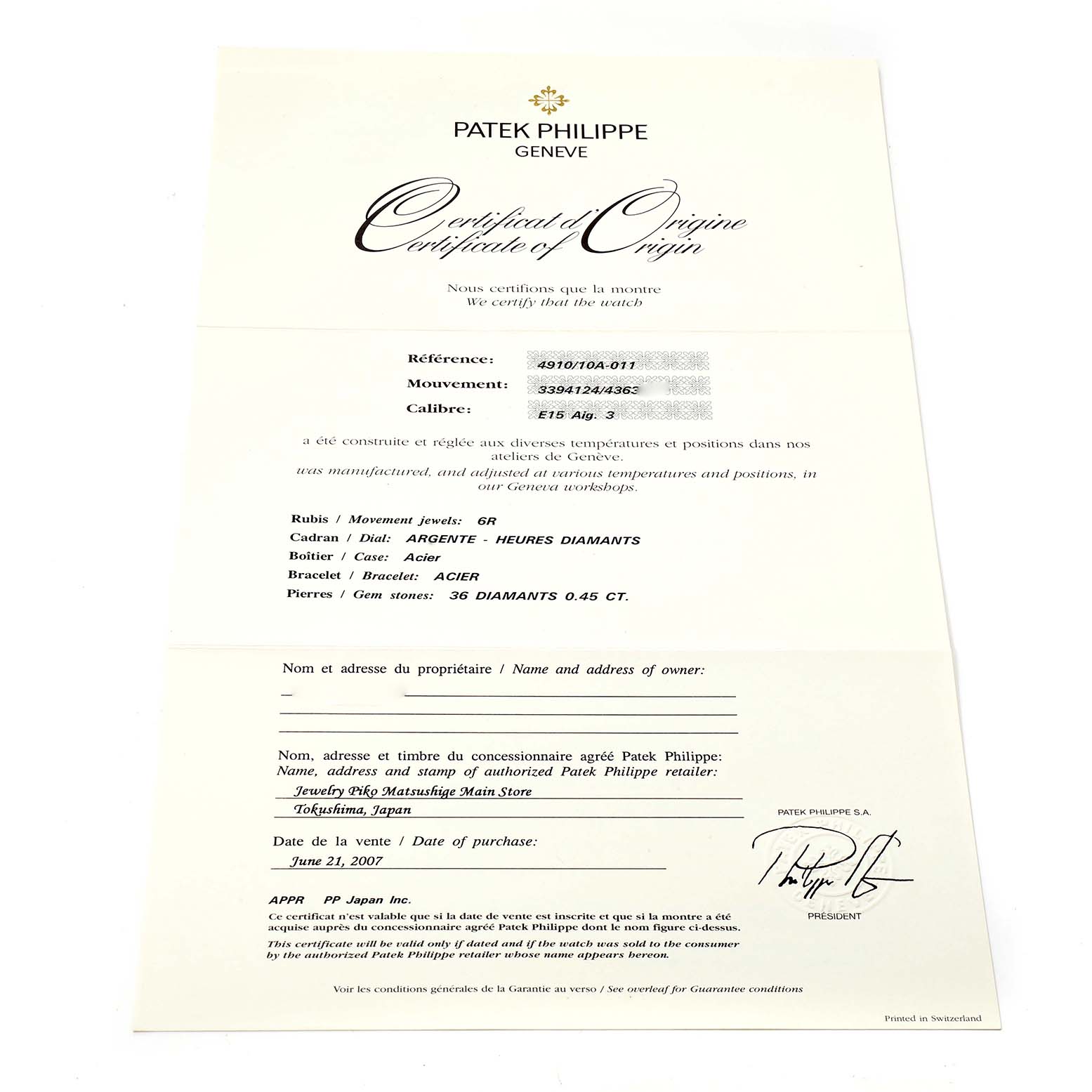 The image shows a Certificate of Origin for a Patek Philippe Twenty-4 4910/10A-010 Women's Stainless Steel Silver Dial 4910/10A-010 Women's Stainless Steel Silver Dial model watch, including details on movement, caliber, and purchase information.