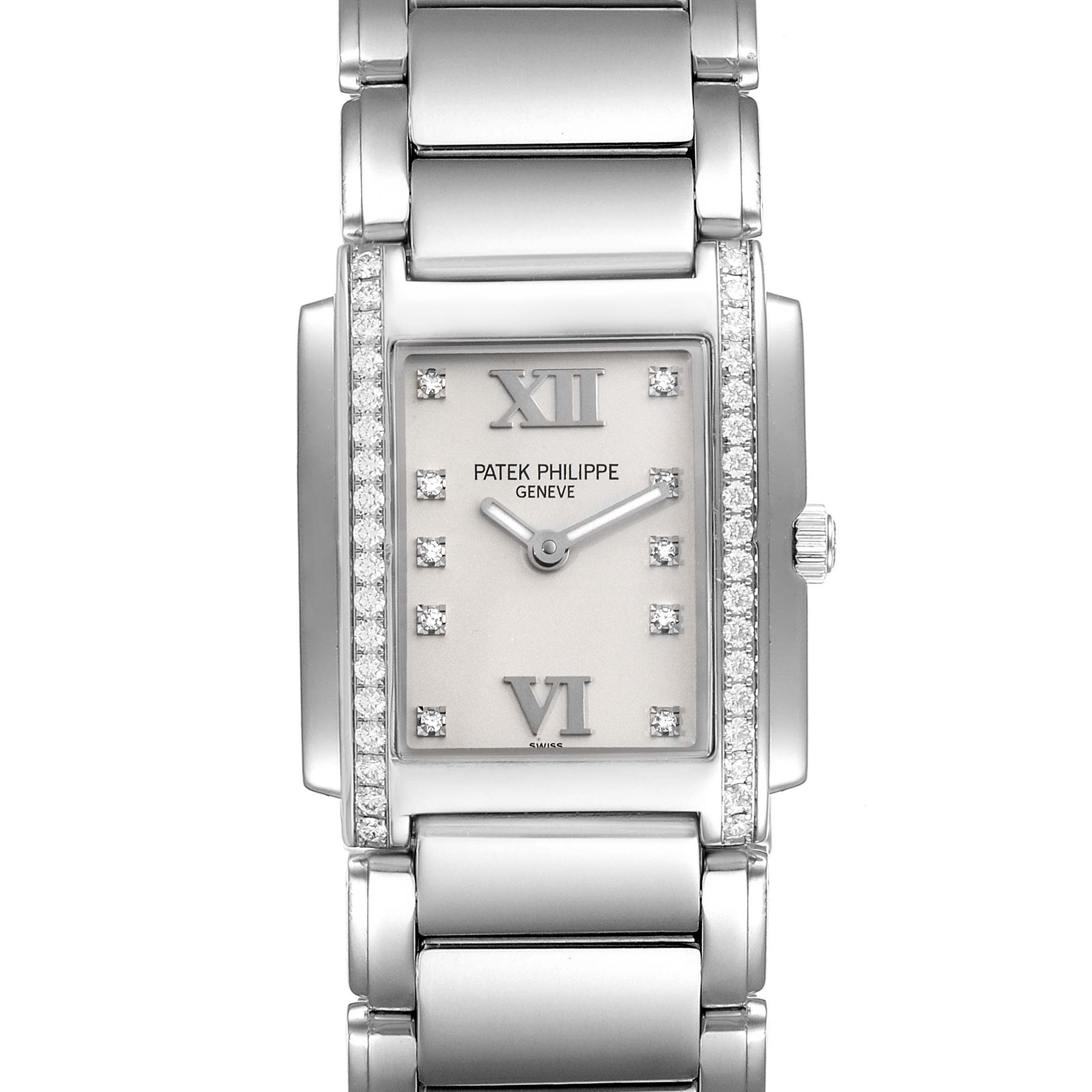 This image shows a top view of the Patek Philippe Twenty-4 4910/10A-010 Women's Stainless Steel Silver Dial 4910/10A-010 Women's Stainless Steel Silver Dial watch, highlighting the rectangular face, diamond markers, and stainless steel bracelet.