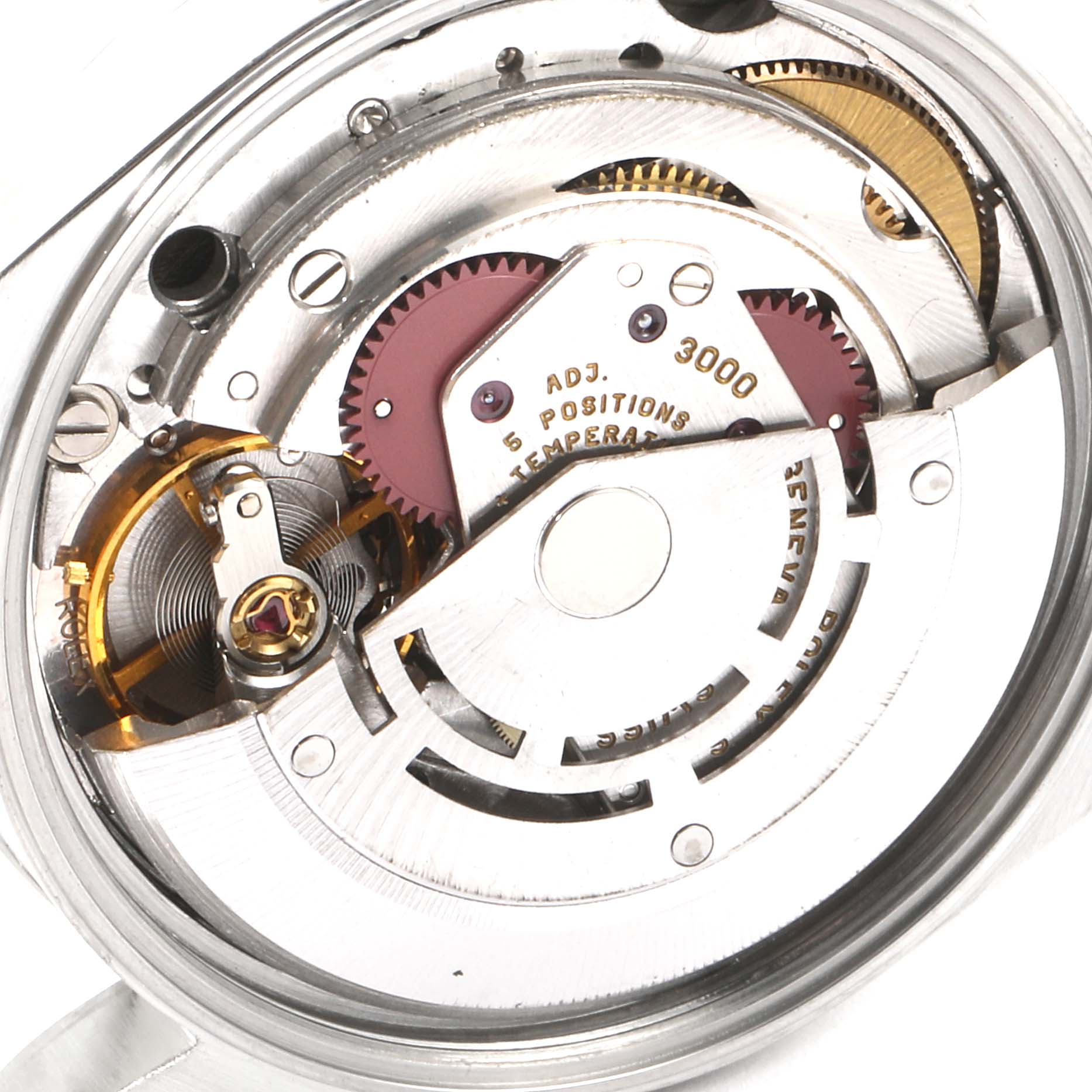 This image shows the internal mechanism and movement details of a Rolex Air-King 14000 Men's Stainless Steel Blue Dial 14000 Men's Stainless Steel Blue Dial watch from an inside angle.