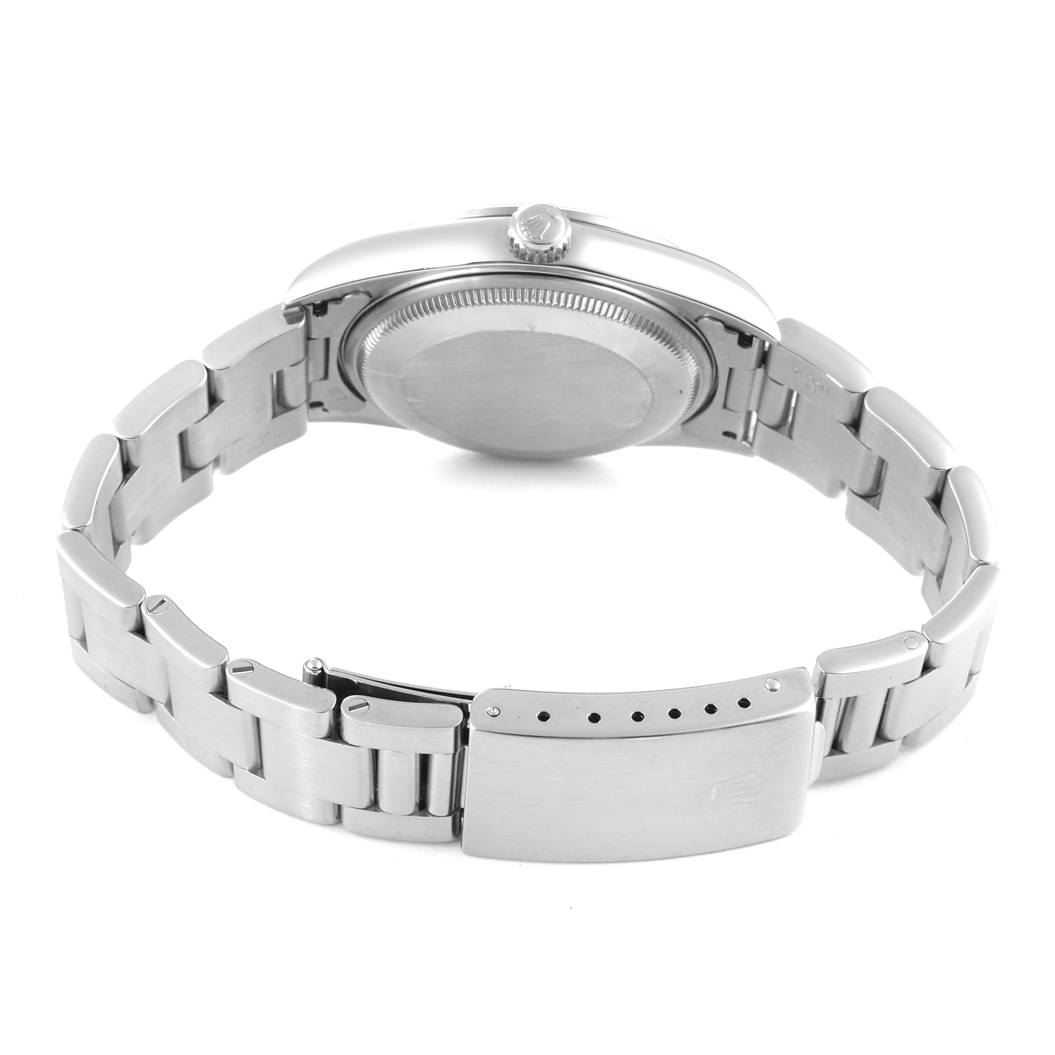 This image shows the back view of the Rolex Air-King 14000 Men's Stainless Steel Blue Dial 14000 Men's Stainless Steel Blue Dial watch, highlighting the case back, crown, and stainless steel bracelet with a clasp.