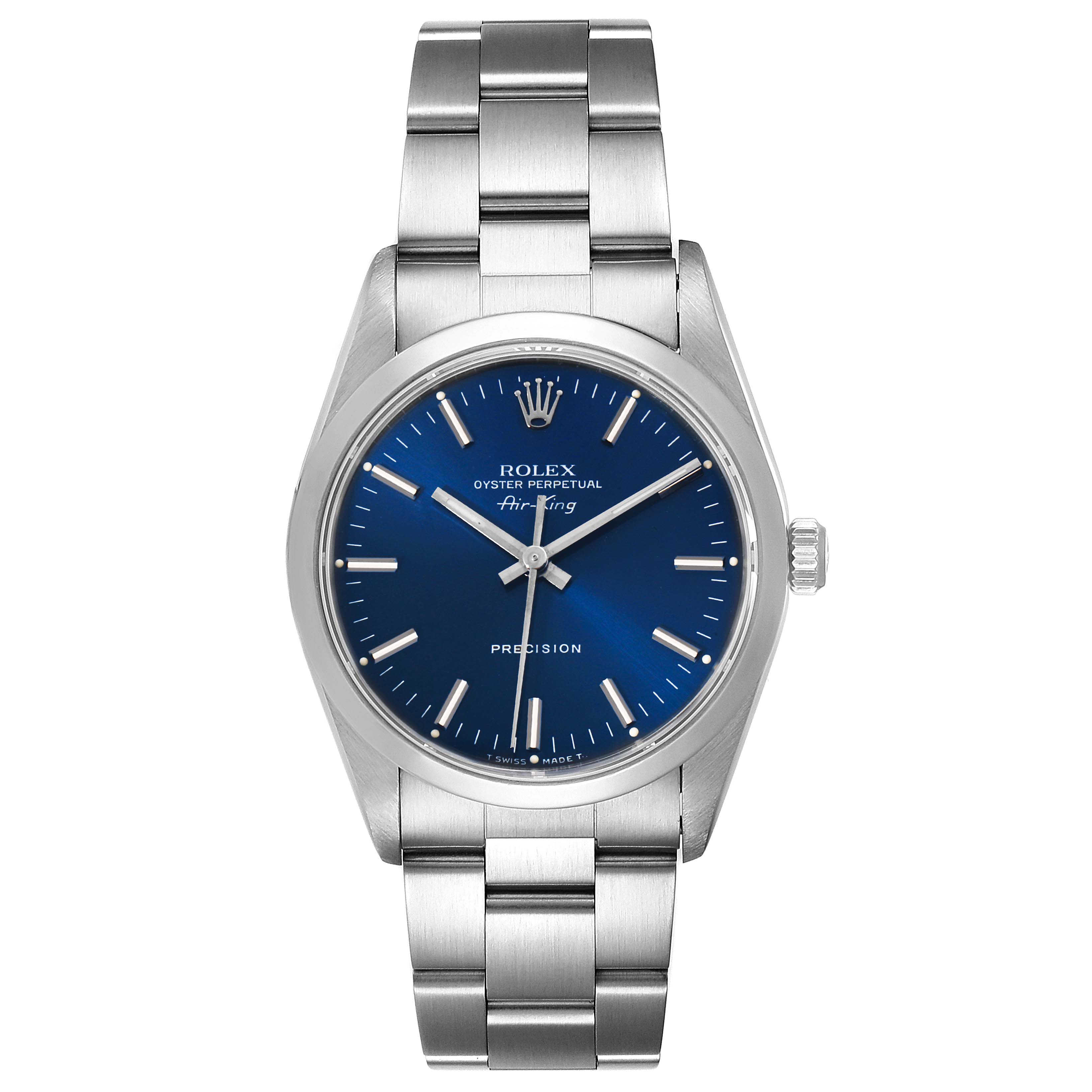 The Rolex Air-King 14000 Men's Stainless Steel Blue Dial 14000 Men's Stainless Steel Blue Dial watch is shown from the front, displaying its blue dial, hands, hour markers, and metallic bracelet.