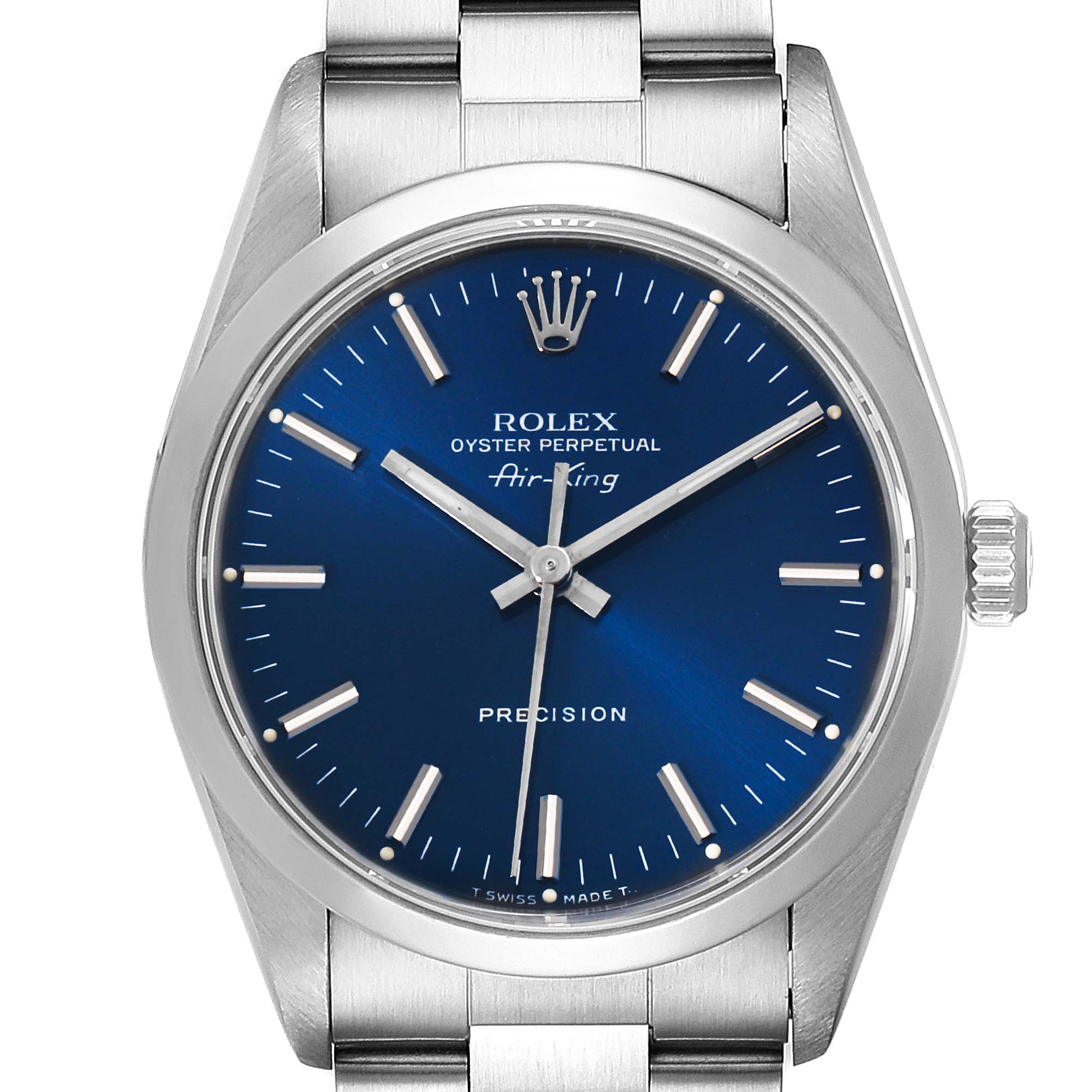 The image shows a front view of a Rolex Air-King 14000 Men's Stainless Steel Blue Dial 14000 Men's Stainless Steel Blue Dial watch, highlighting the blue dial, silver hands, and metal bracelet.