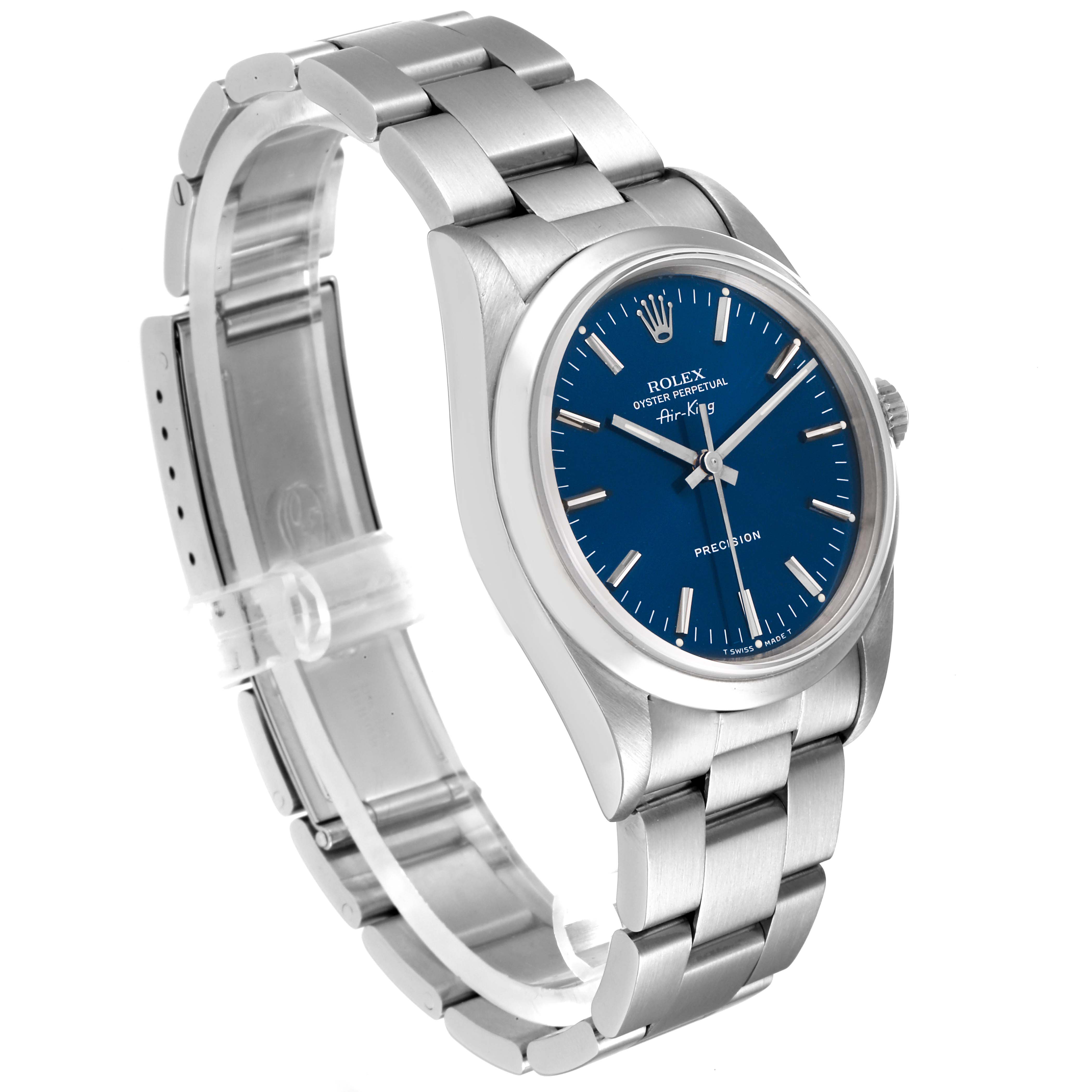 The Rolex Air-King 14000 Men's Stainless Steel Blue Dial 14000 Men's Stainless Steel Blue Dial watch is shown at an angled side view, displaying its blue dial and stainless steel bracelet.