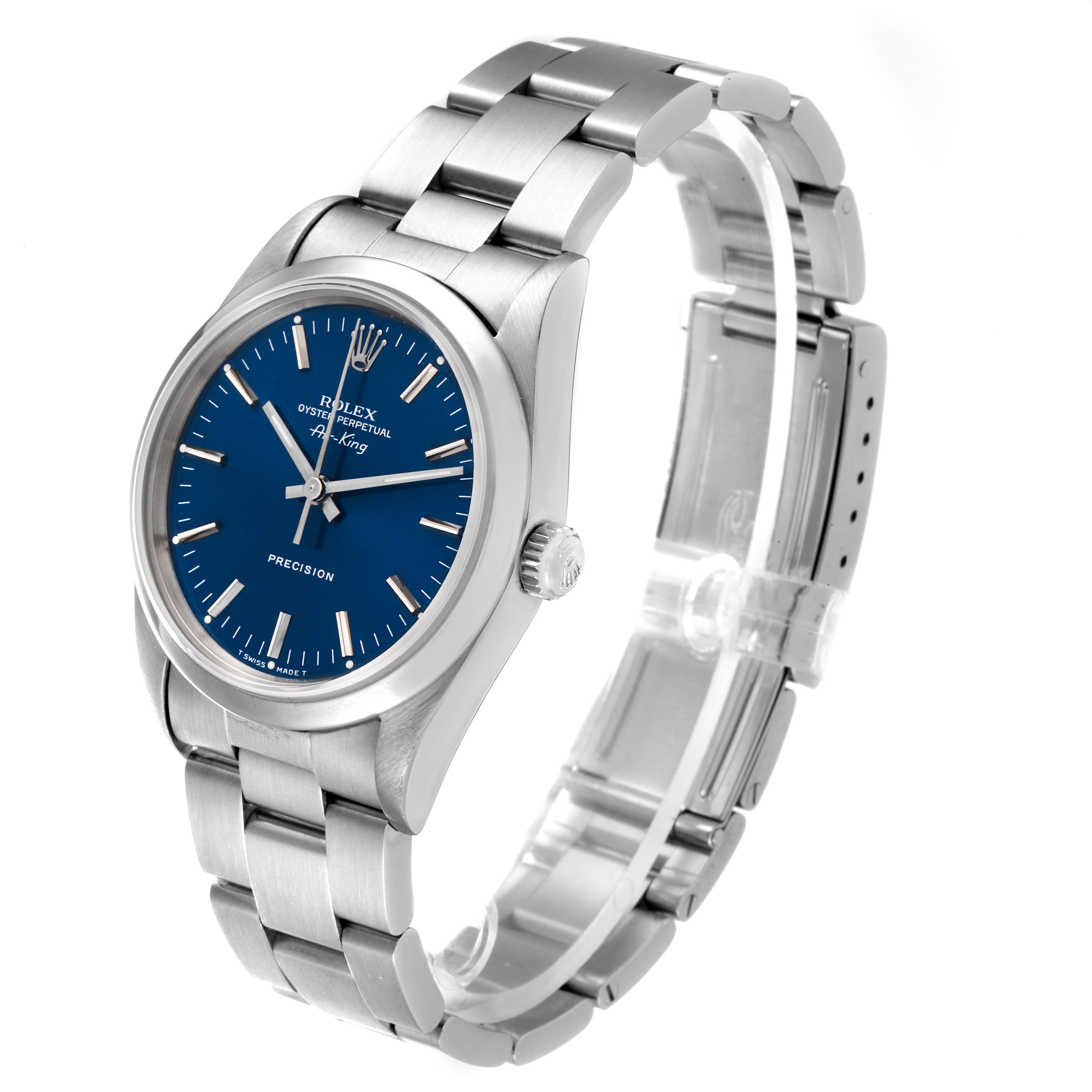 The image shows a Rolex Air-King 14000 Men's Stainless Steel Blue Dial 14000 Men's Stainless Steel Blue Dial watch angled from the front-left, highlighting its blue dial, metal bracelet, and clasp.