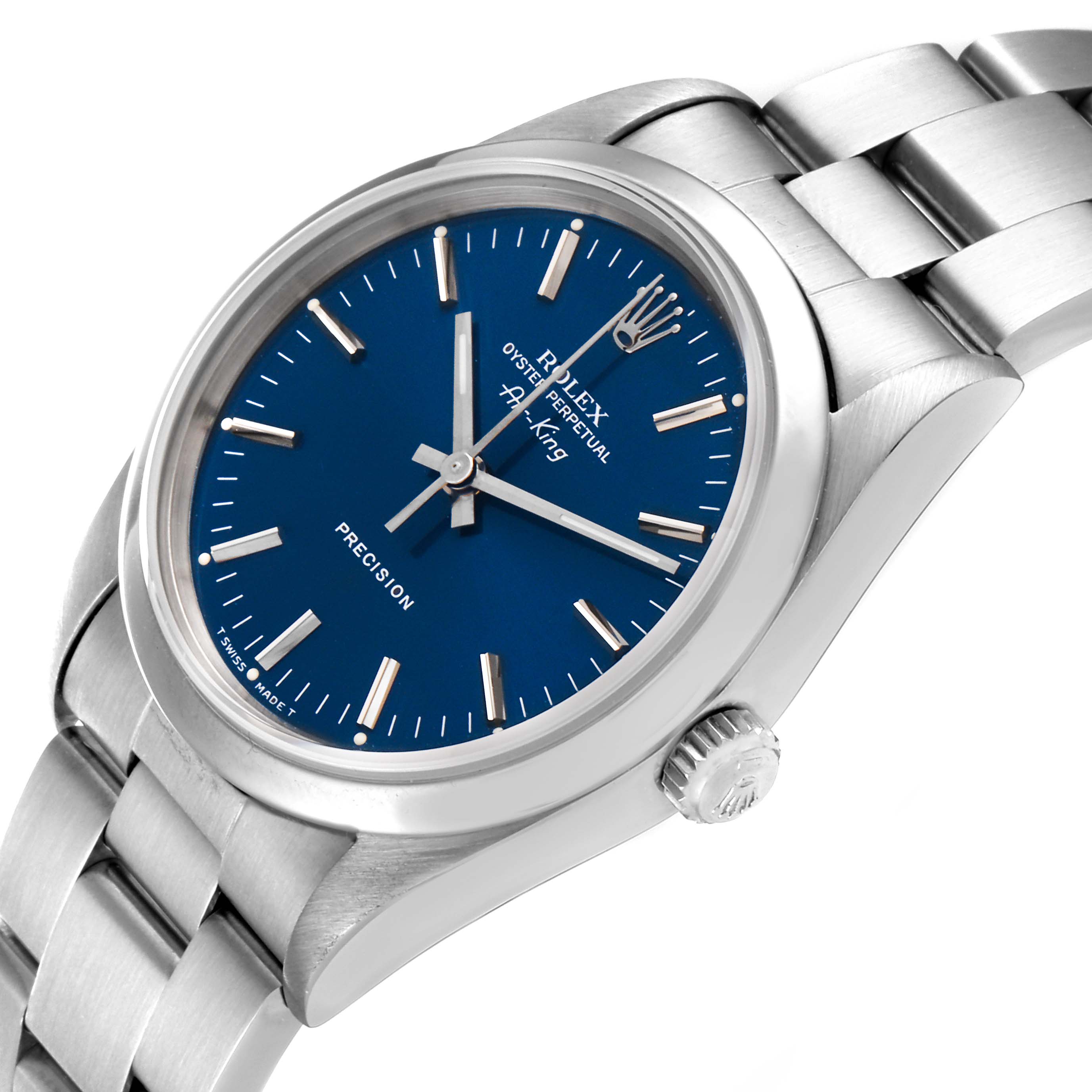 The image shows a close-up angle of the Rolex Air-King 14000 Men's Stainless Steel Blue Dial 14000 Men's Stainless Steel Blue Dial watch, highlighting the dial, crown, and part of the bracelet.