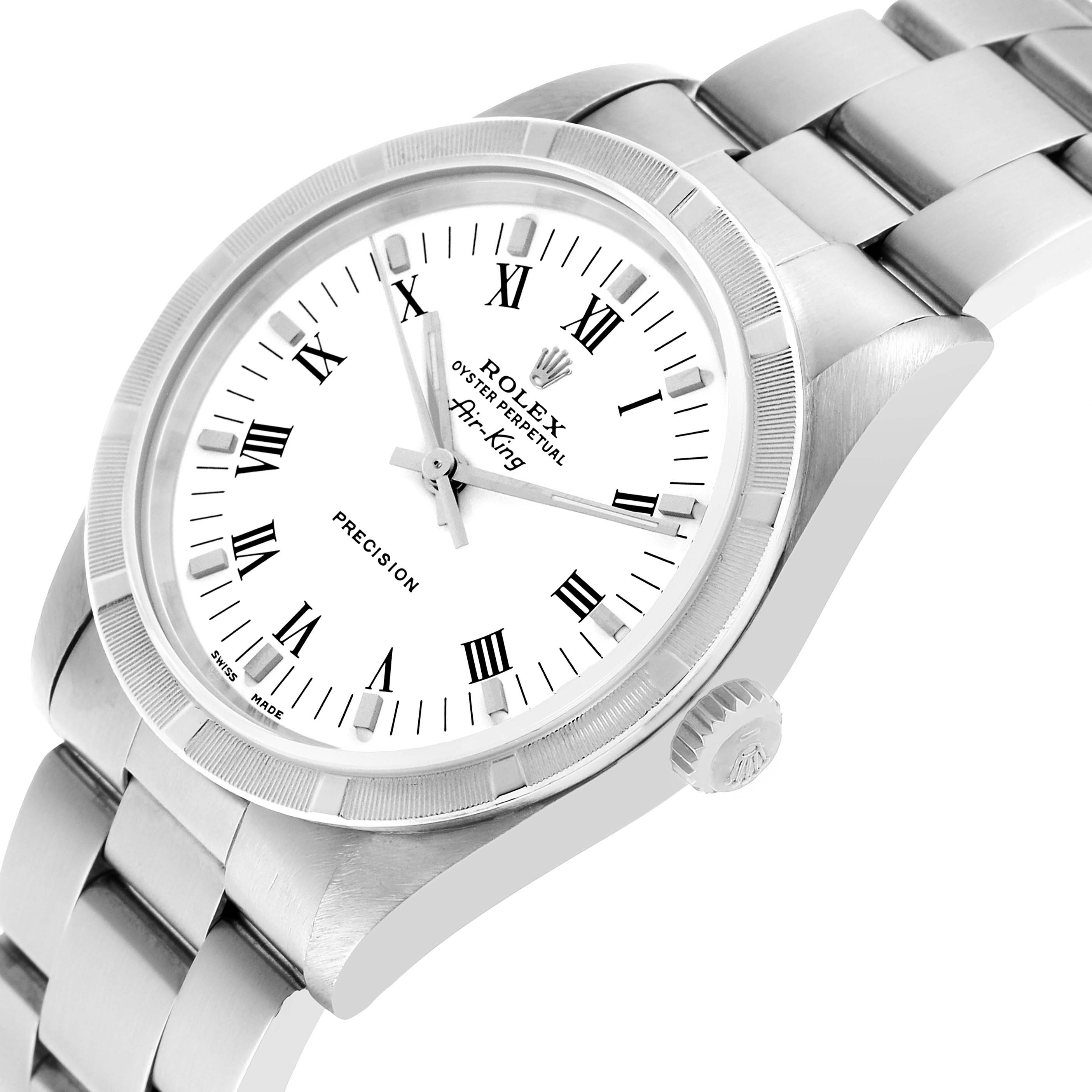 The Rolex Air-King 14010 Men's Stainless Steel White Dial watch is angled to show the face, bezel, crown, and bracelet.