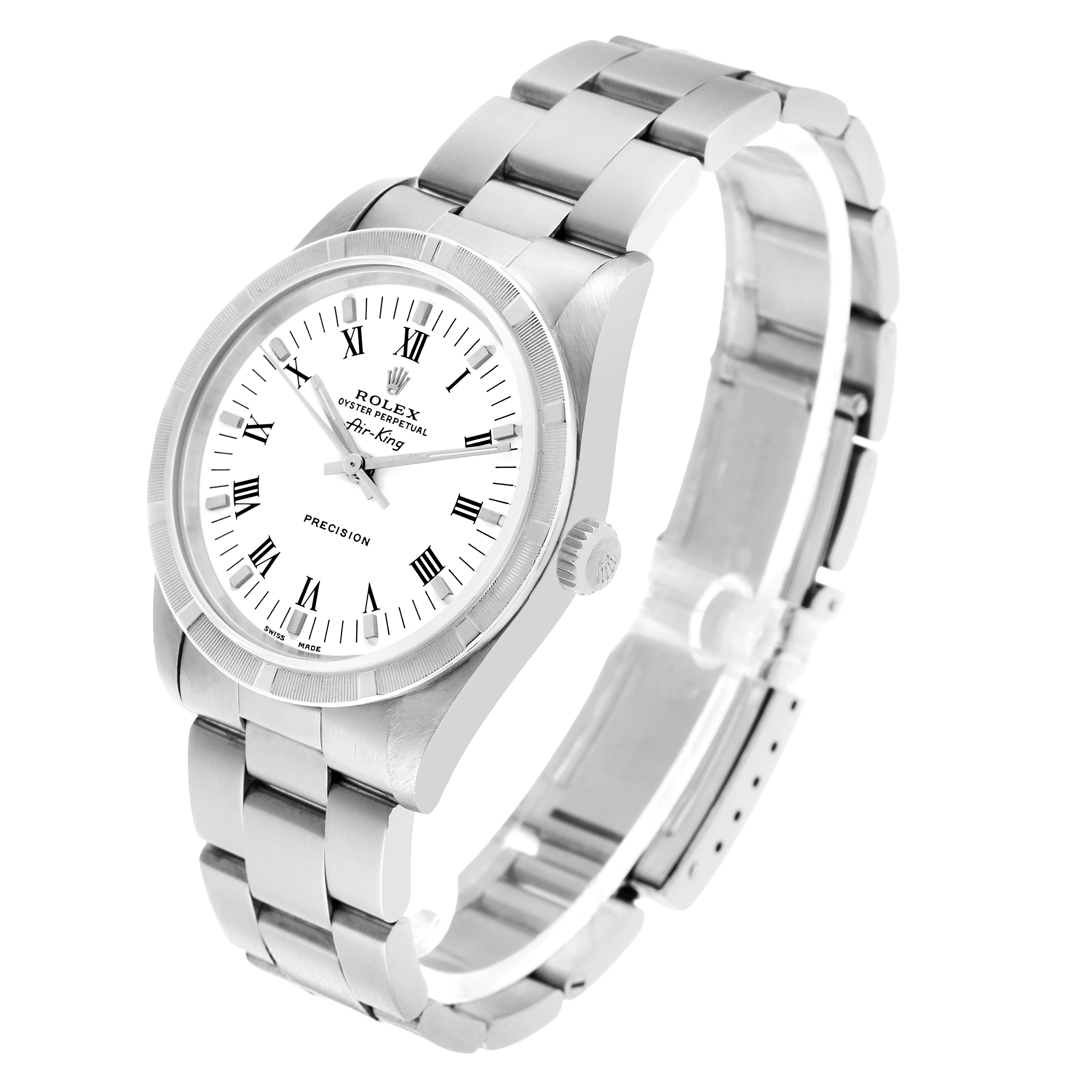 The image shows a Rolex Air-King 14010 Men's Stainless Steel White Dial watch at a front-left angle, highlighting the dial, bezel, crown, and bracelet.