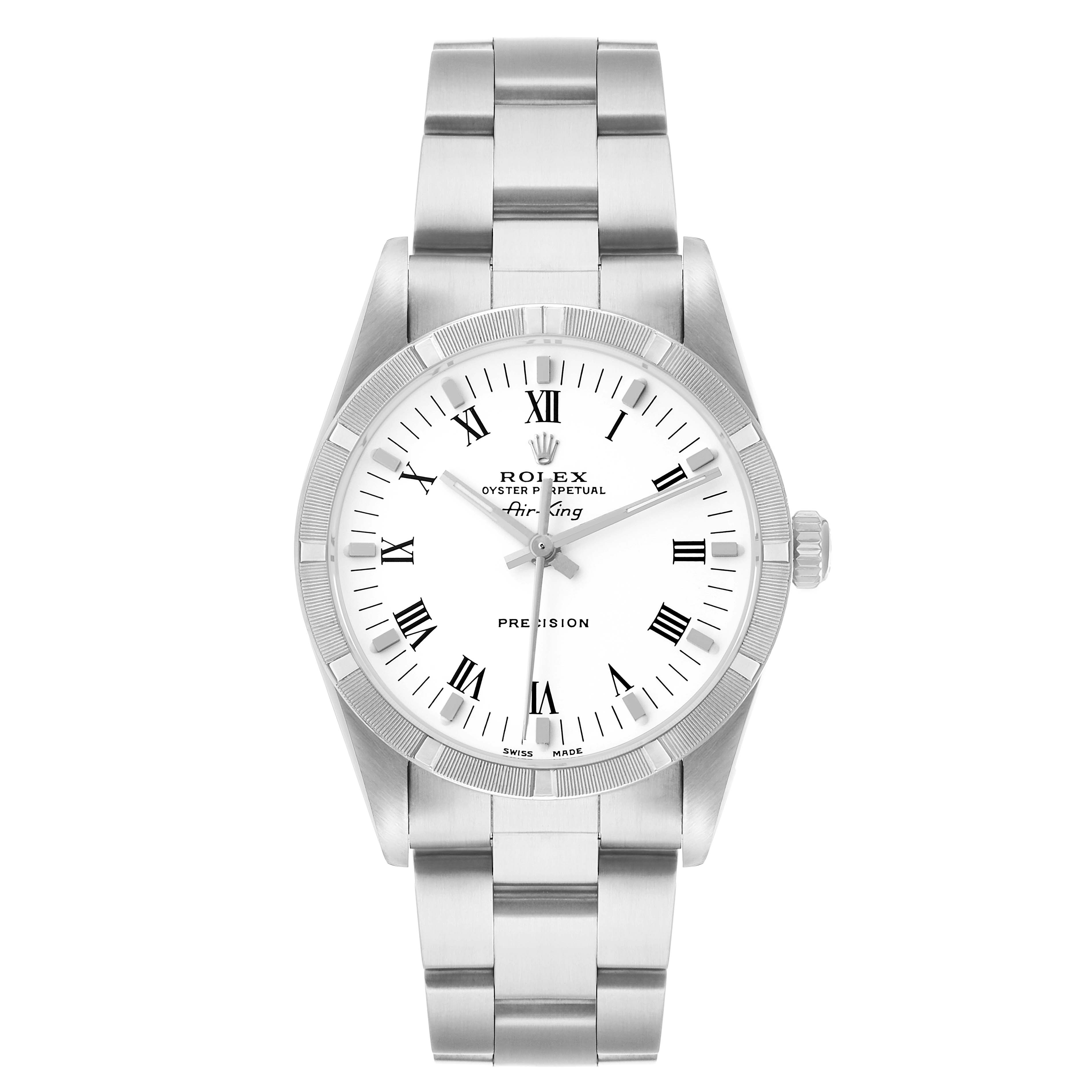 The Rolex Air-King 14010 Men's Stainless Steel White Dial watch is shown from the front angle, highlighting the dial, bracelet, and case.