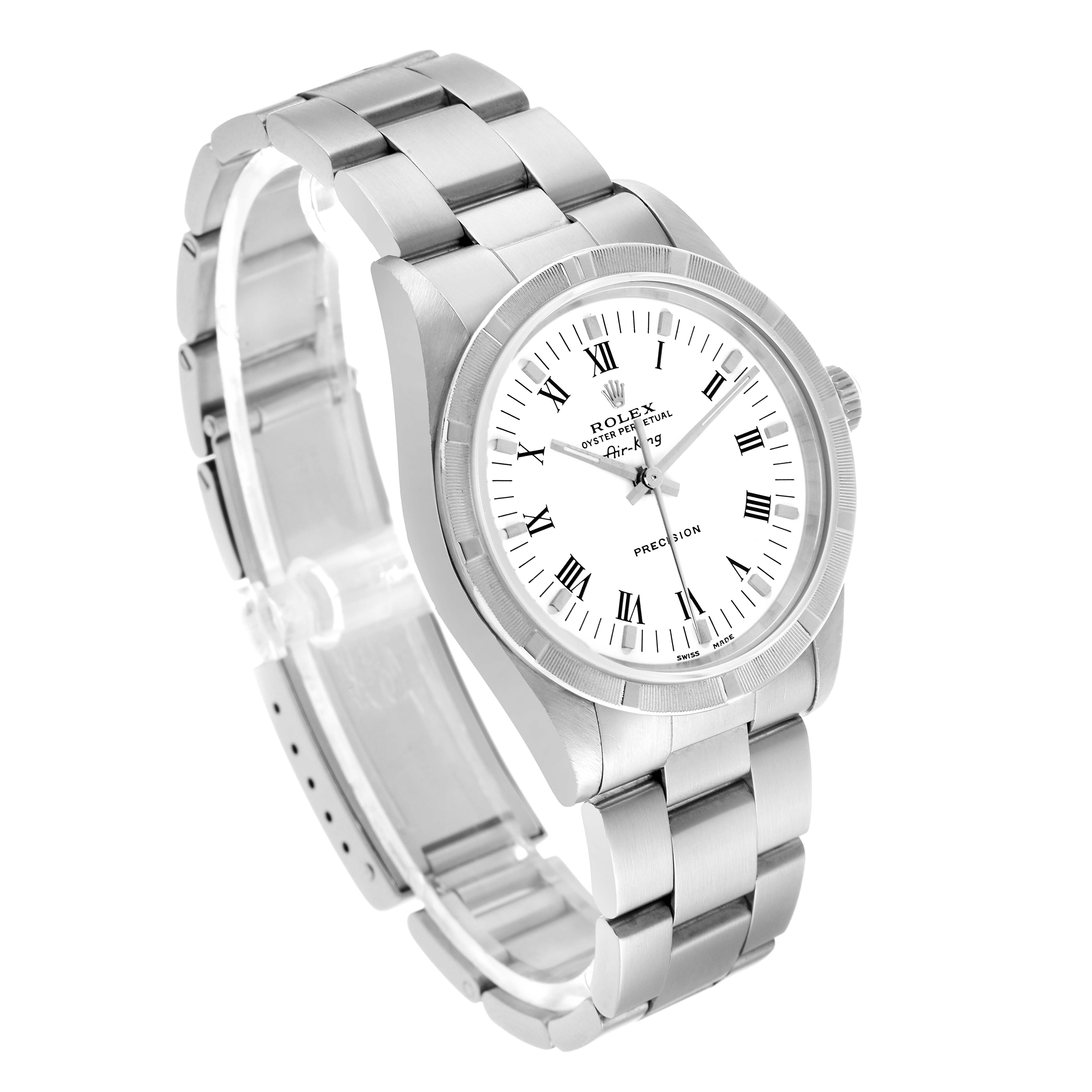 The Rolex Air-King 14010 Men's Stainless Steel White Dial watch is shown at a three-quarter angle displaying the face, bezel, and bracelet.