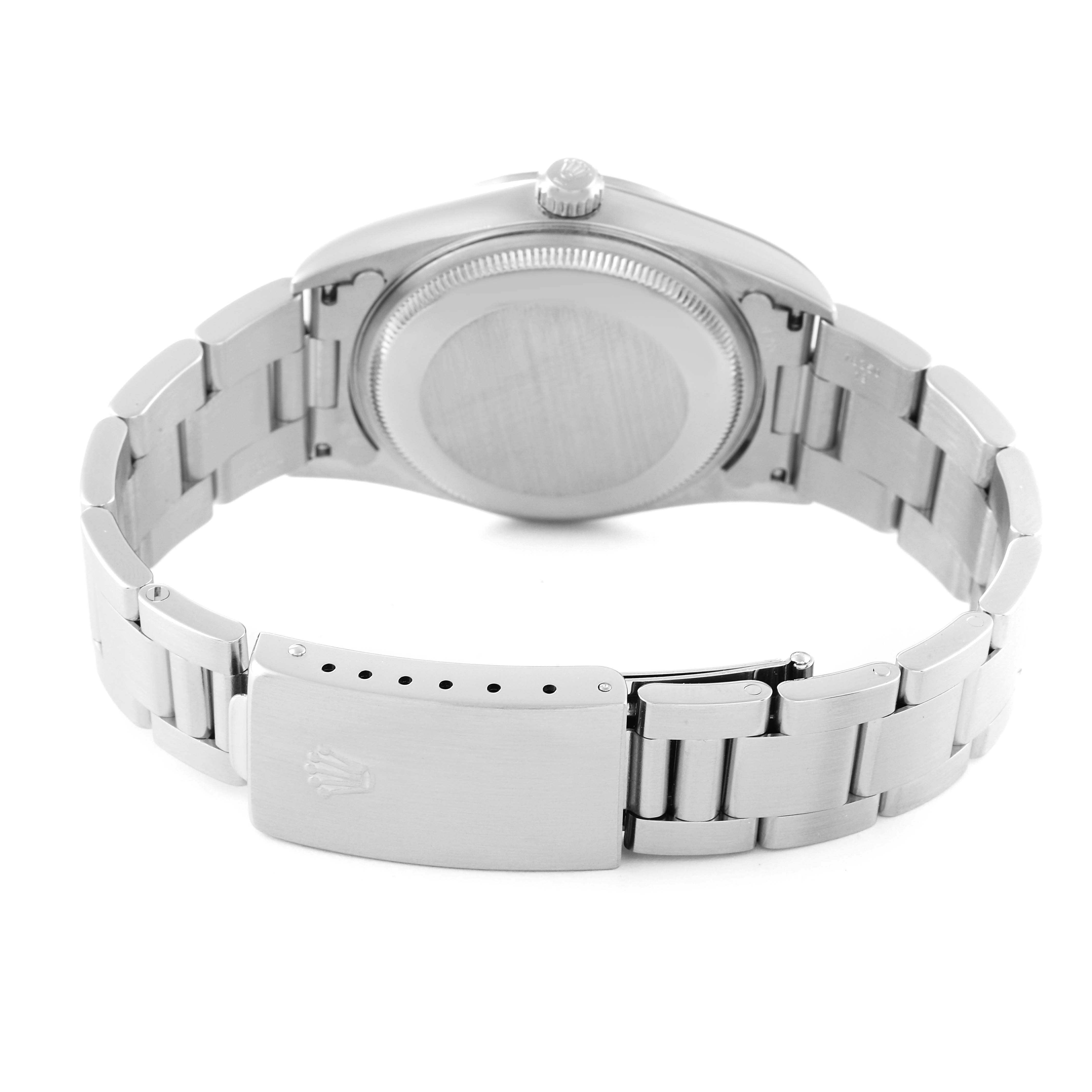 This image shows the back and side view of the Rolex Air-King 14000M Men's Stainless Steel Black Dial 14000M Men's Stainless Steel Black Dial, highlighting the case and bracelet clasp.