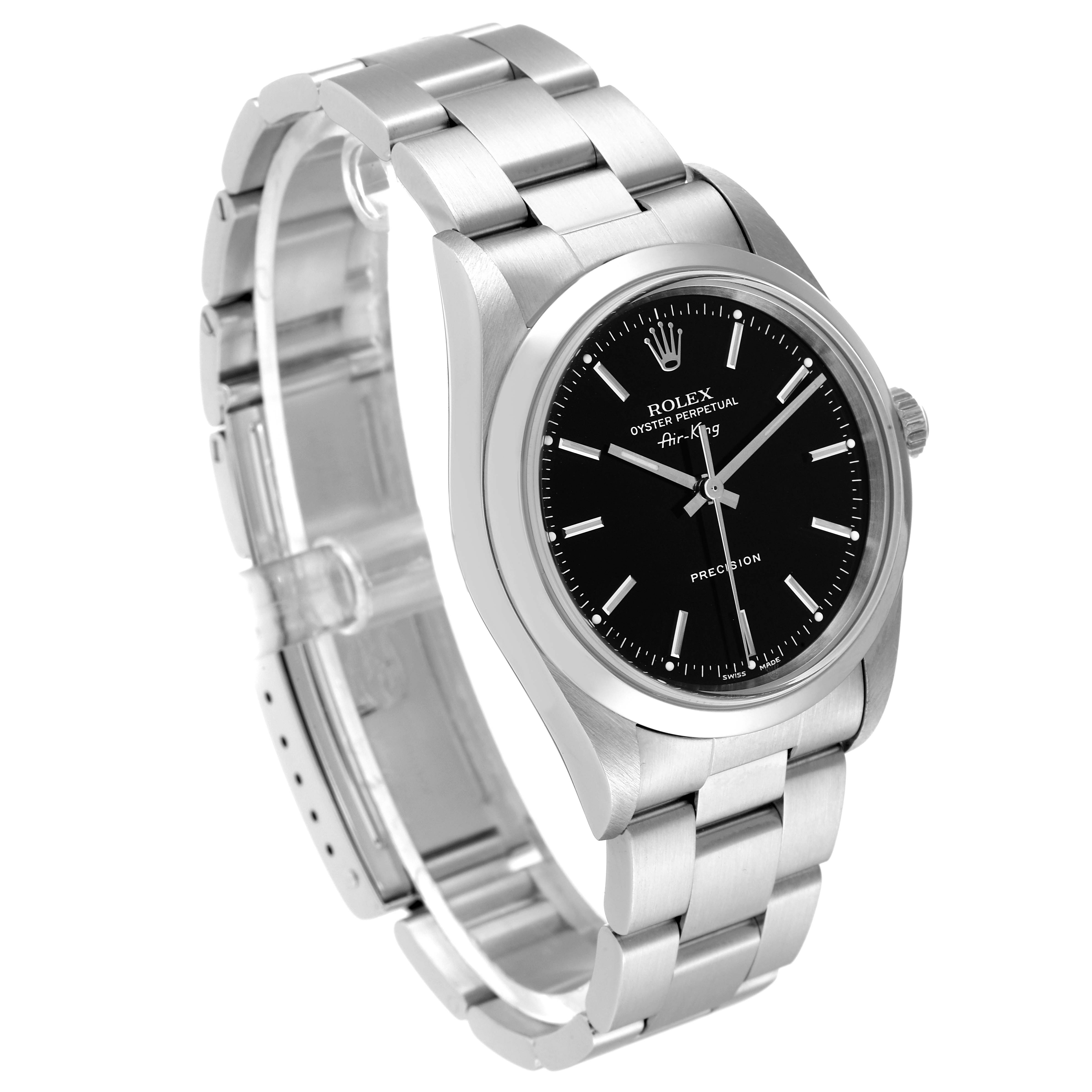The image shows a side view of a Rolex Air-King 14000M Men's Stainless Steel Black Dial 14000M Men's Stainless Steel Black Dial watch, highlighting its bracelet, clasp, and black dial.