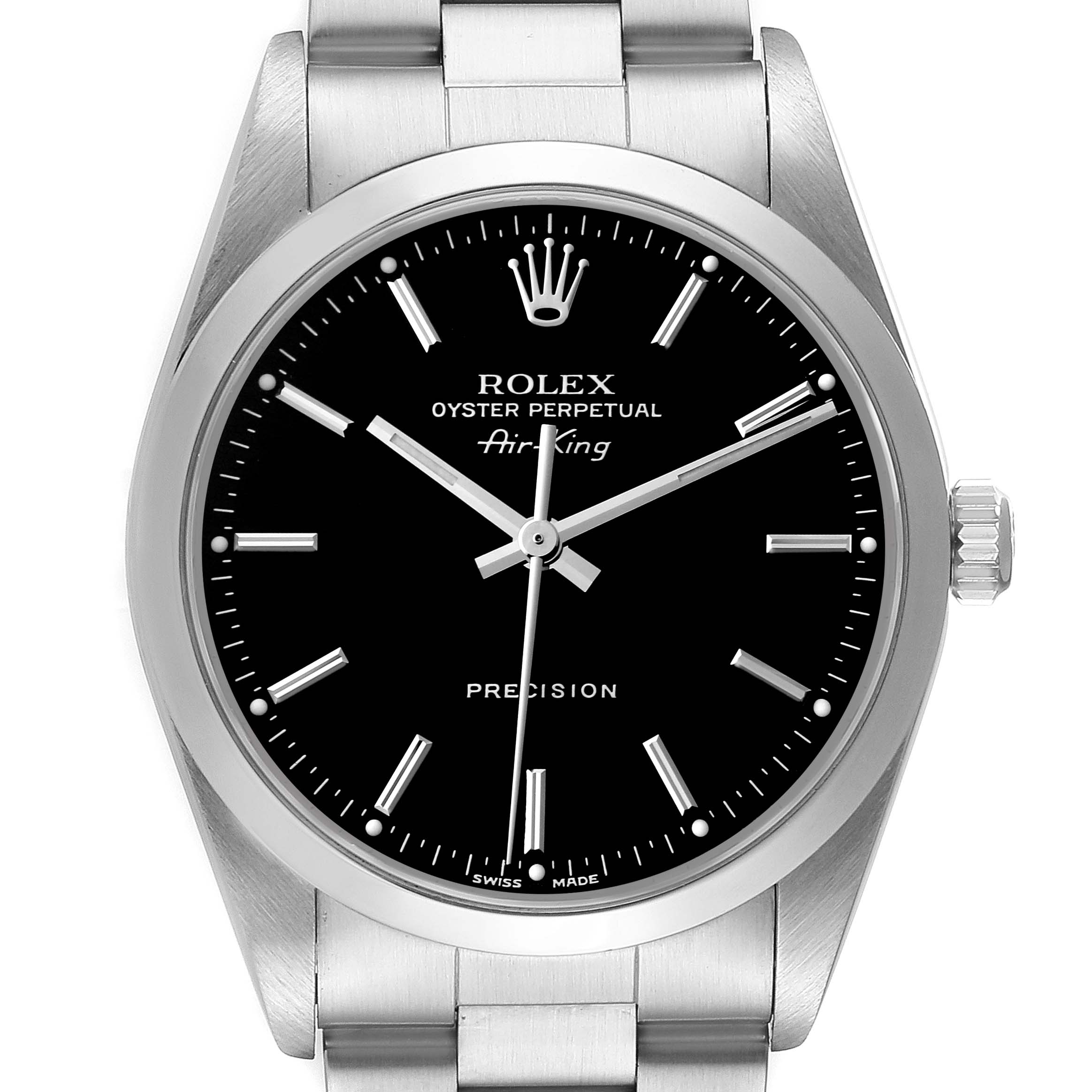 The image shows a front view of a Rolex Air-King 14000M Men's Stainless Steel Black Dial 14000M Men's Stainless Steel Black Dial watch, highlighting its black dial, hour markers, hands, and crown.