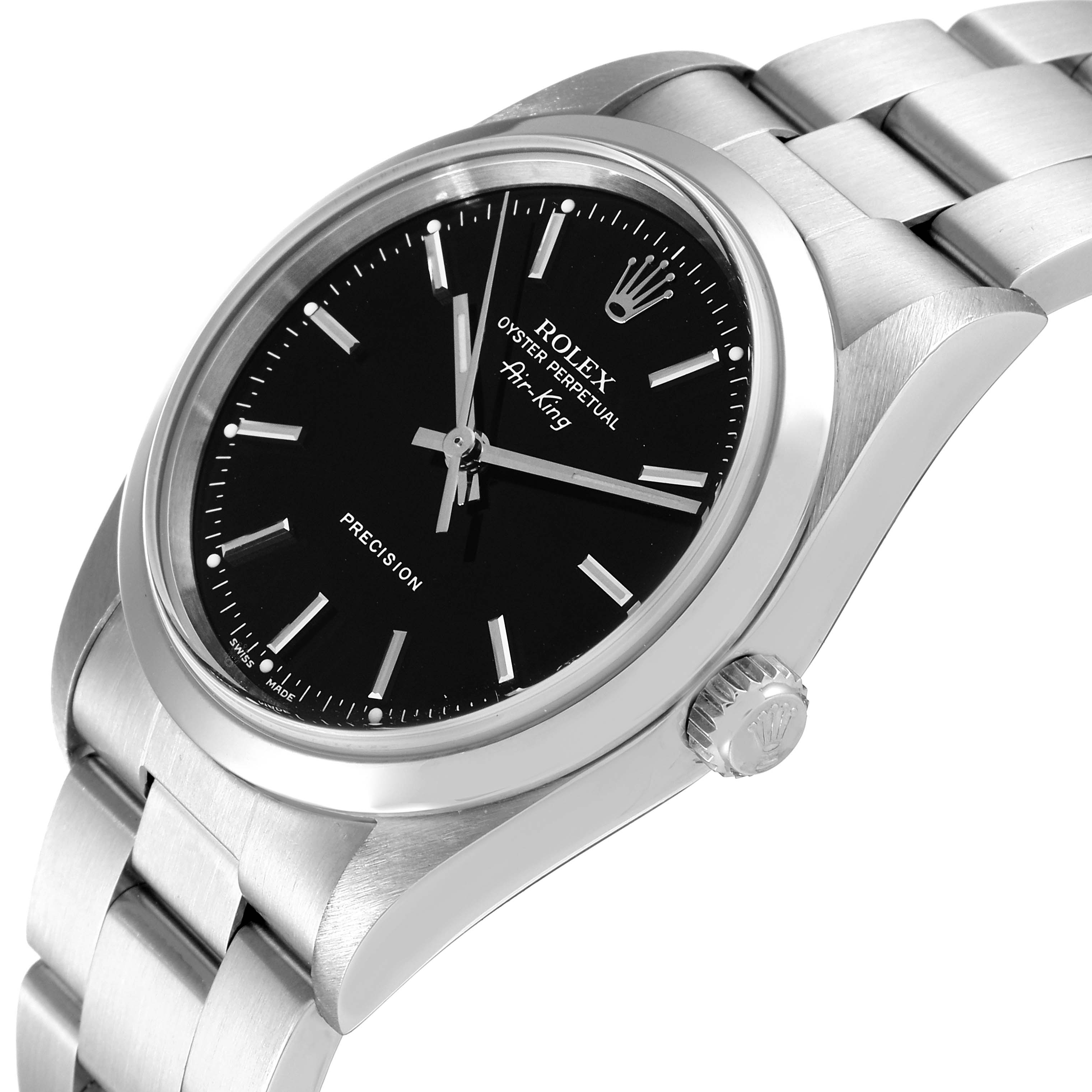 This image shows a Rolex Air-King 14000M Men's Stainless Steel Black Dial 14000M Men's Stainless Steel Black Dial watch from a slightly tilted angle, highlighting the face, crown, and part of the bracelet.