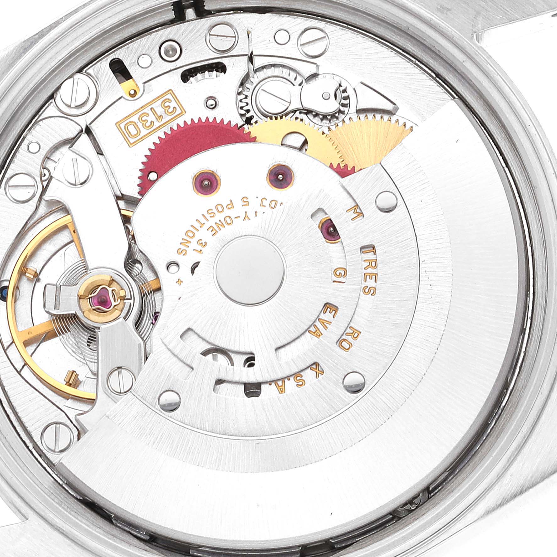 This image shows the inner mechanics and movement of the Rolex Air-King 14000M Men's Stainless Steel Black Dial 14000M Men's Stainless Steel Black Dial watch from a close-up, top-down angle.