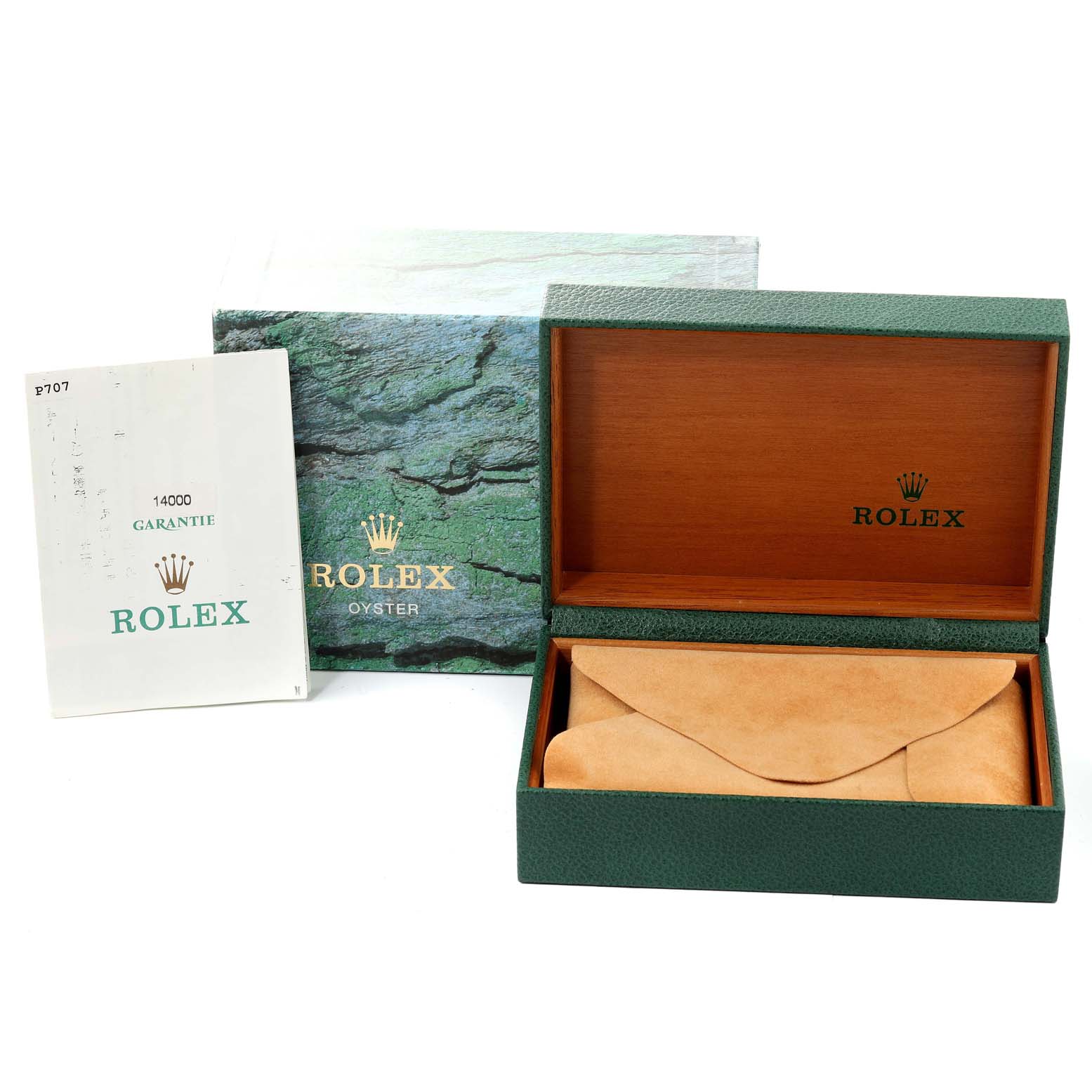 The image shows the packaging and warranty booklet for a Rolex Air-King 14000M Men's Stainless Steel Black Dial 14000M Men's Stainless Steel Black Dial watch, including a green outer box, a wooden inner box, and a leather pouch.