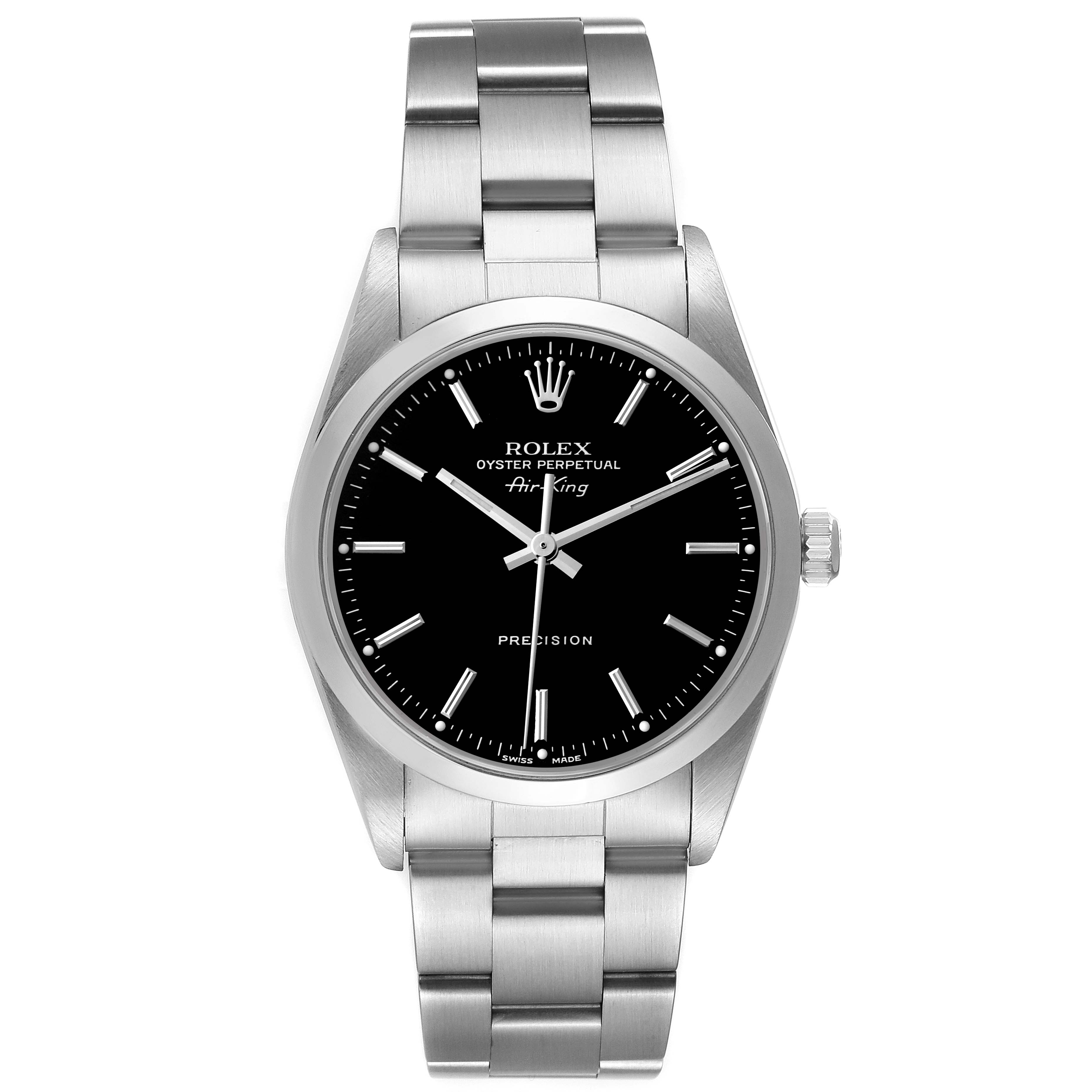The image shows a frontal view of the Rolex Air-King 14000M Men's Stainless Steel Black Dial 14000M Men's Stainless Steel Black Dial watch, displaying the dial, bezel, case, and bracelet.