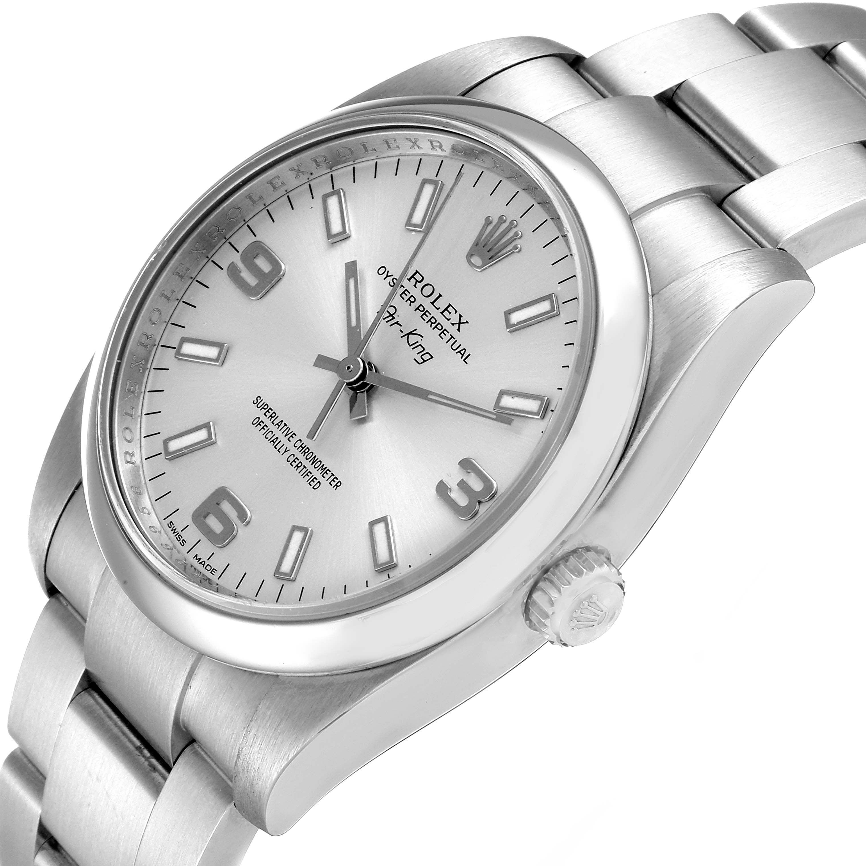 The image shows a diagonal view of a Rolex Air-King 114200 Men's Stainless Steel Silver Dial 114200 Men's Stainless Steel Silver Dial watch, displaying the face, crown, and bracelet.