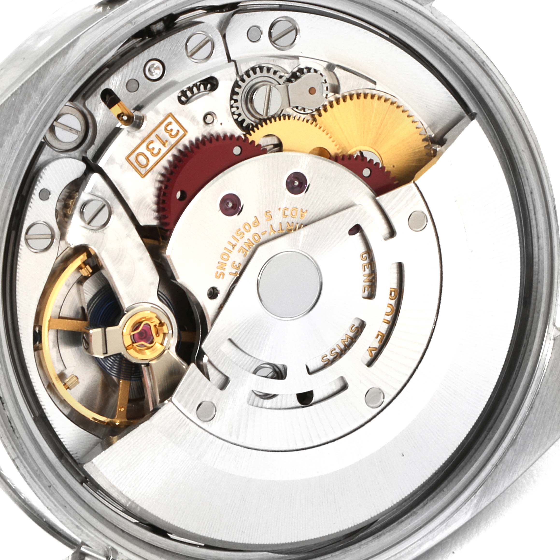 The image shows the intricate internal movement mechanism of a Rolex Air-King 114200 Men's Stainless Steel Silver Dial 114200 Men's Stainless Steel Silver Dial watch from a close-up angle.