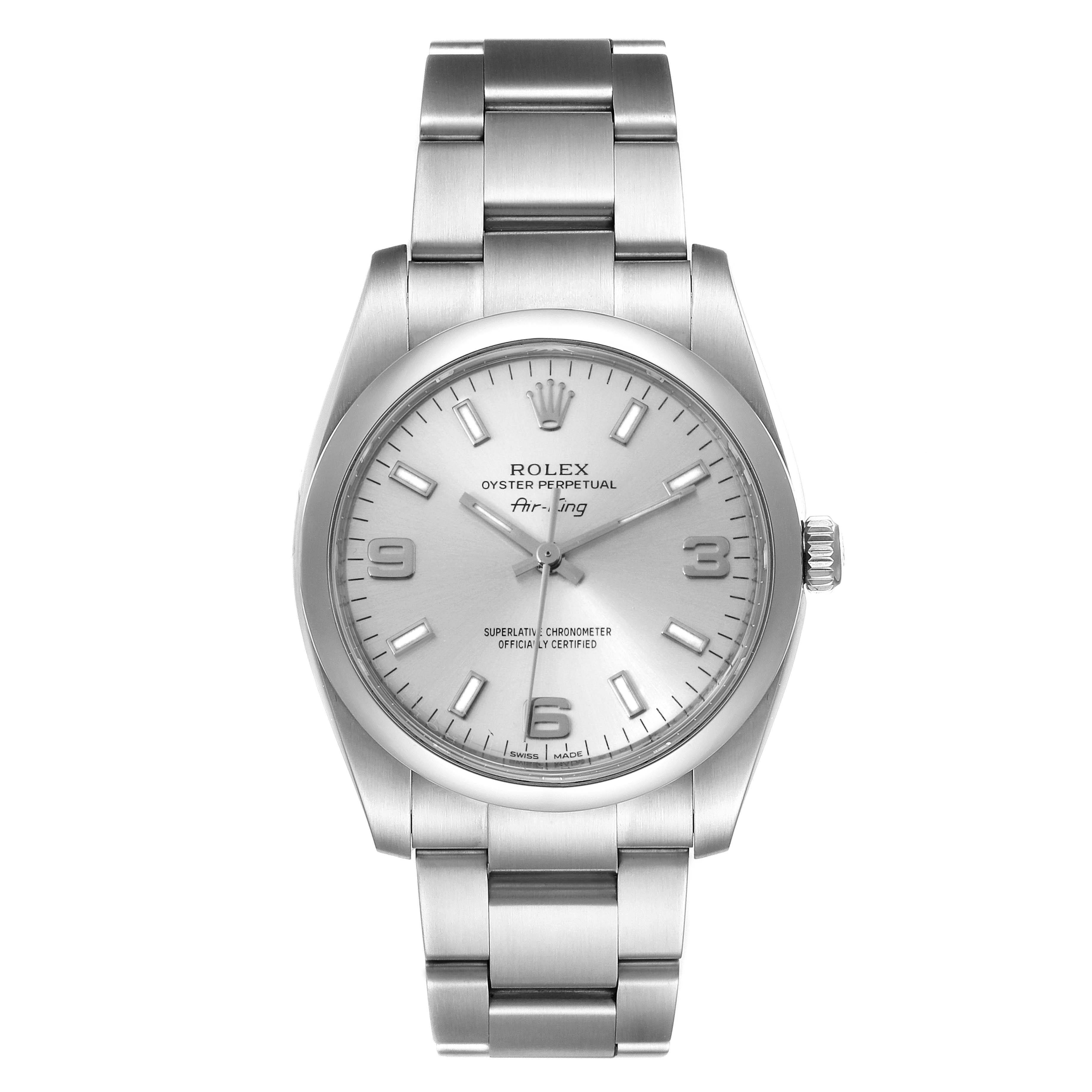 This image shows a front view of a Rolex Air-King 114200 Men's Stainless Steel Silver Dial 114200 Men's Stainless Steel Silver Dial watch, highlighting its silver dial, hour markers, and stainless steel bracelet.