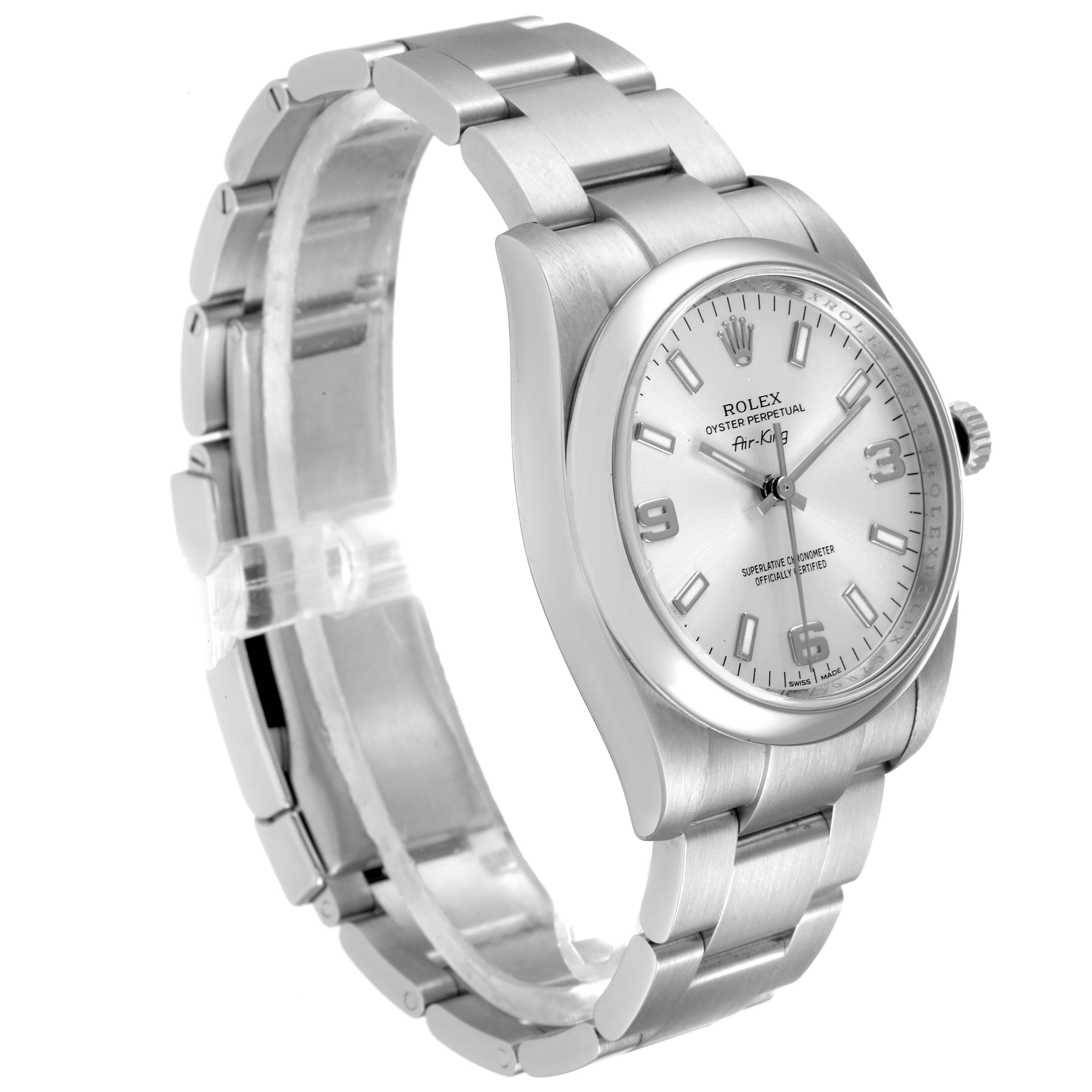 This image shows a side angle of a Rolex Air-King 114200 Men's Stainless Steel Silver Dial 114200 Men's Stainless Steel Silver Dial watch, highlighting its bracelet, case, and dial.