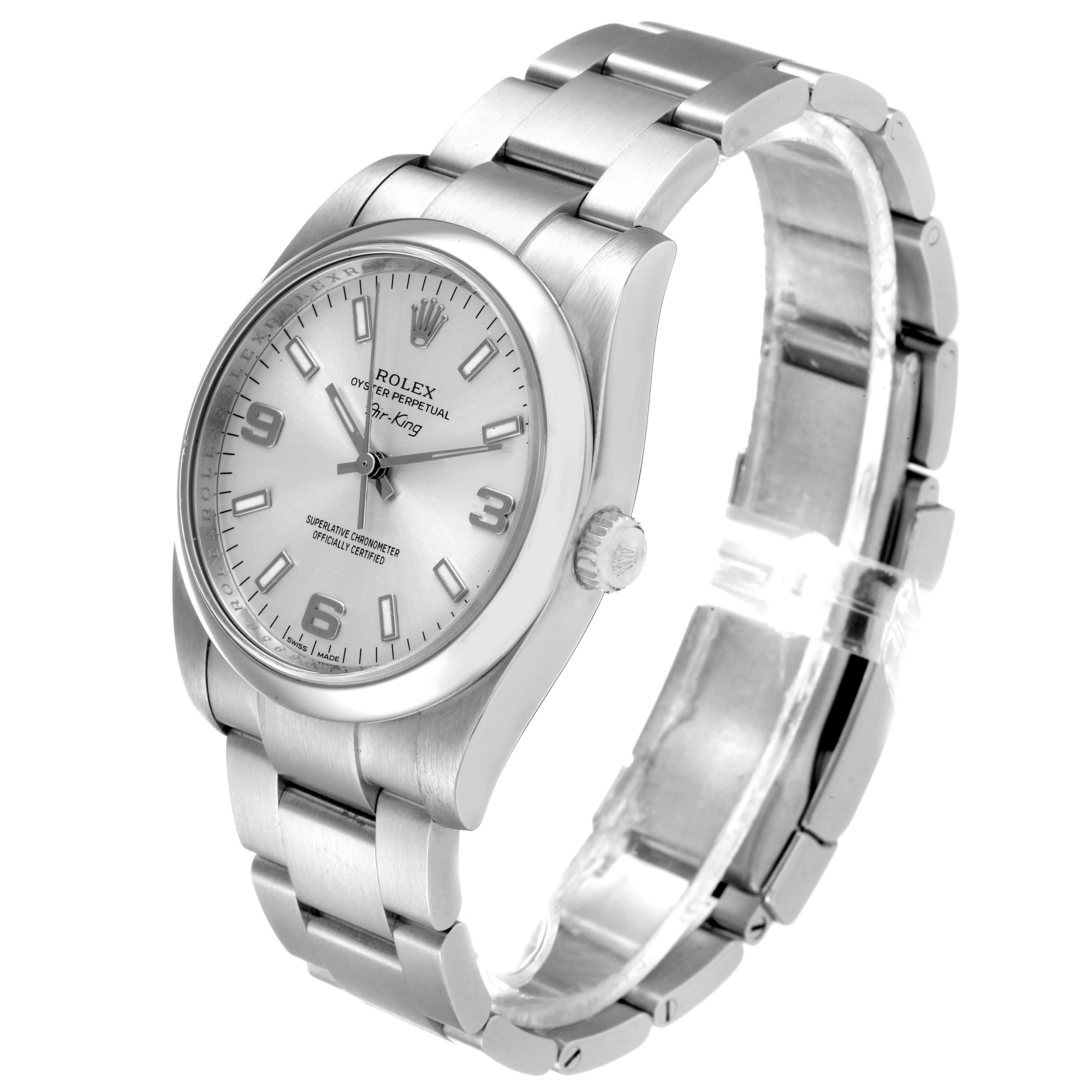 The Rolex Air-King 114200 Men's Stainless Steel Silver Dial 114200 Men's Stainless Steel Silver Dial watch is shown at an angle displaying the face, bezel, crown, and band.