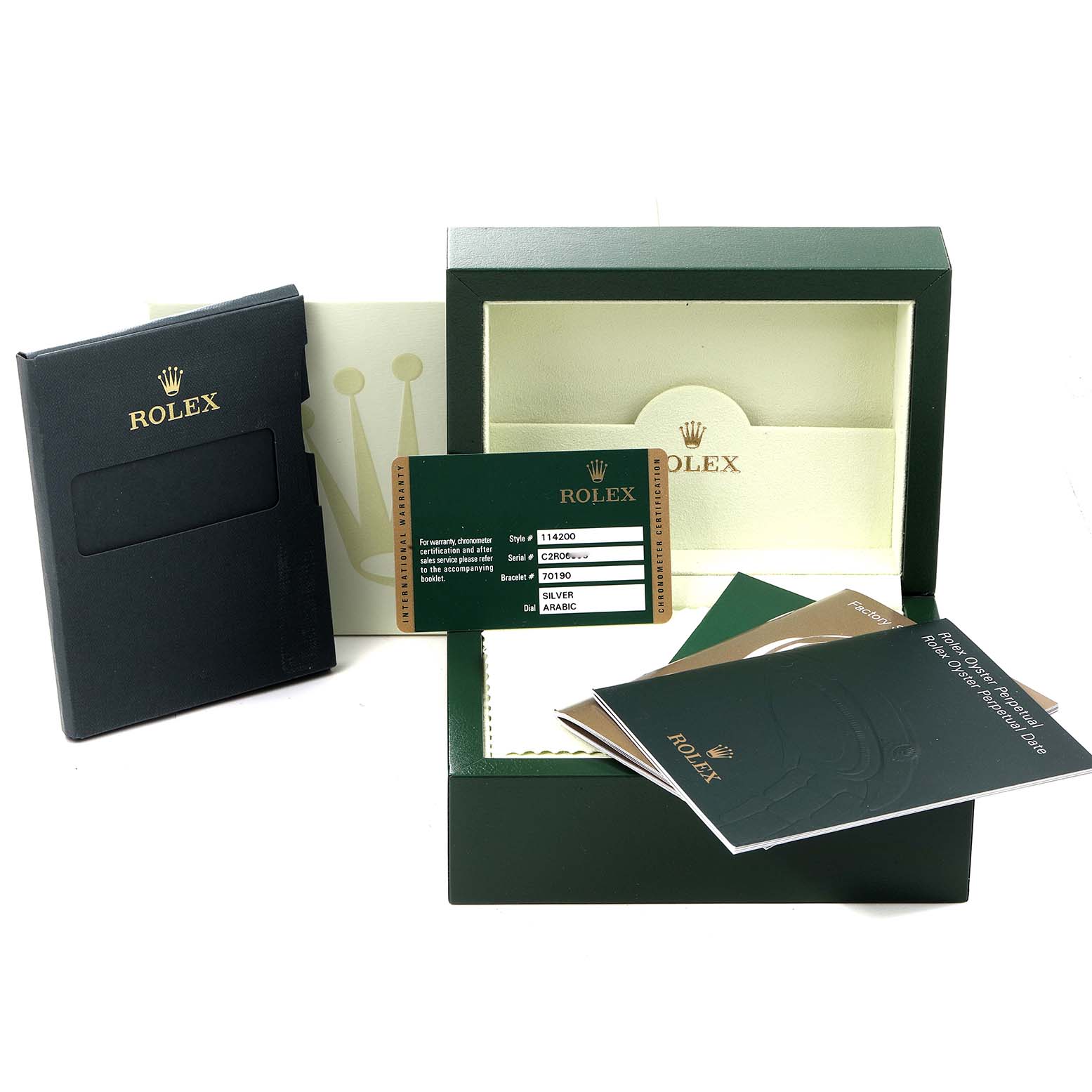 The image shows the box and documentation for a Rolex Air-King 114200 Men's Stainless Steel Silver Dial 114200 Men's Stainless Steel Silver Dial model, including warranty cards and manuals.