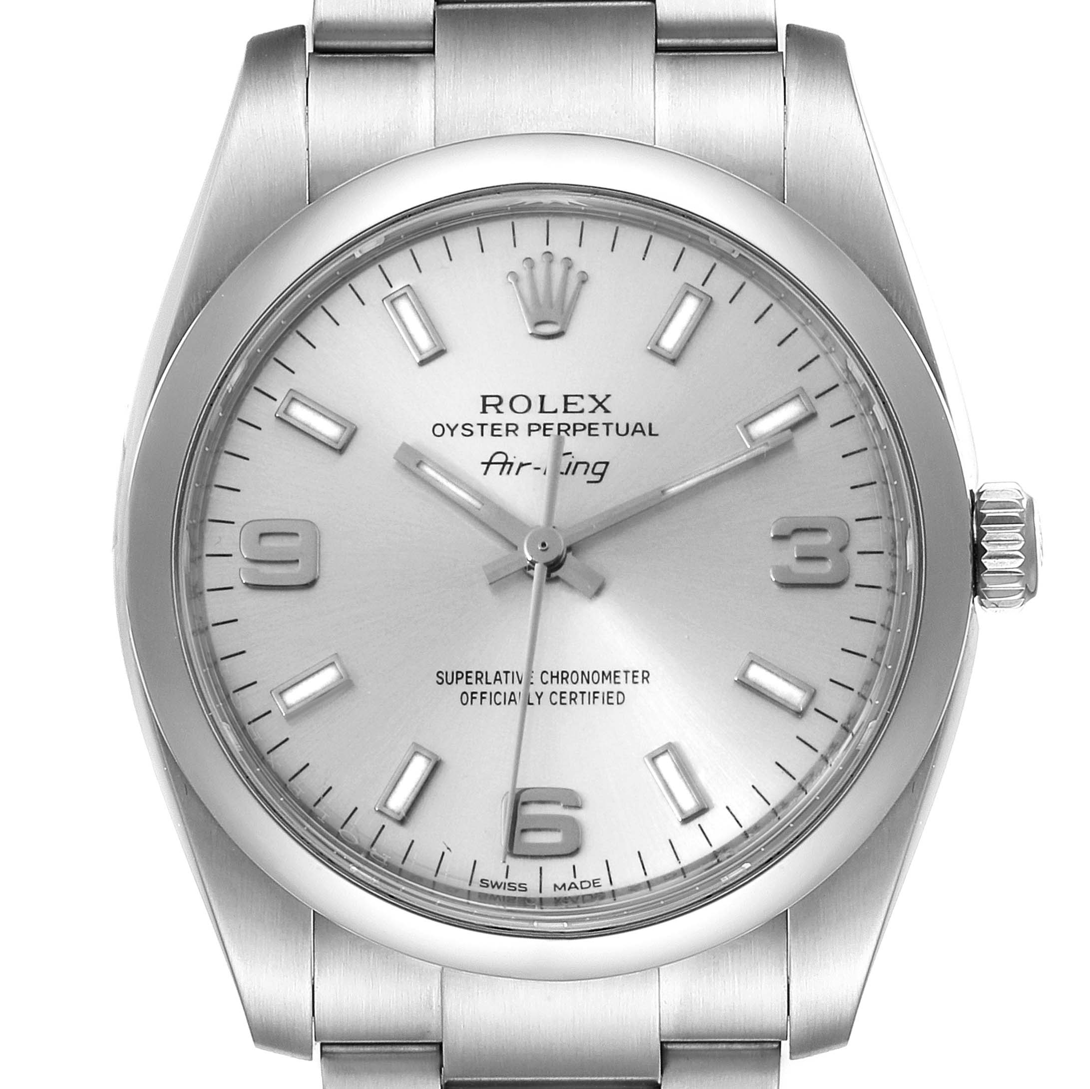 The Rolex Air-King 114200 Men's Stainless Steel Silver Dial 114200 Men's Stainless Steel Silver Dial watch is shown from a front angle, featuring the dial, bezel, and part of the bracelet.