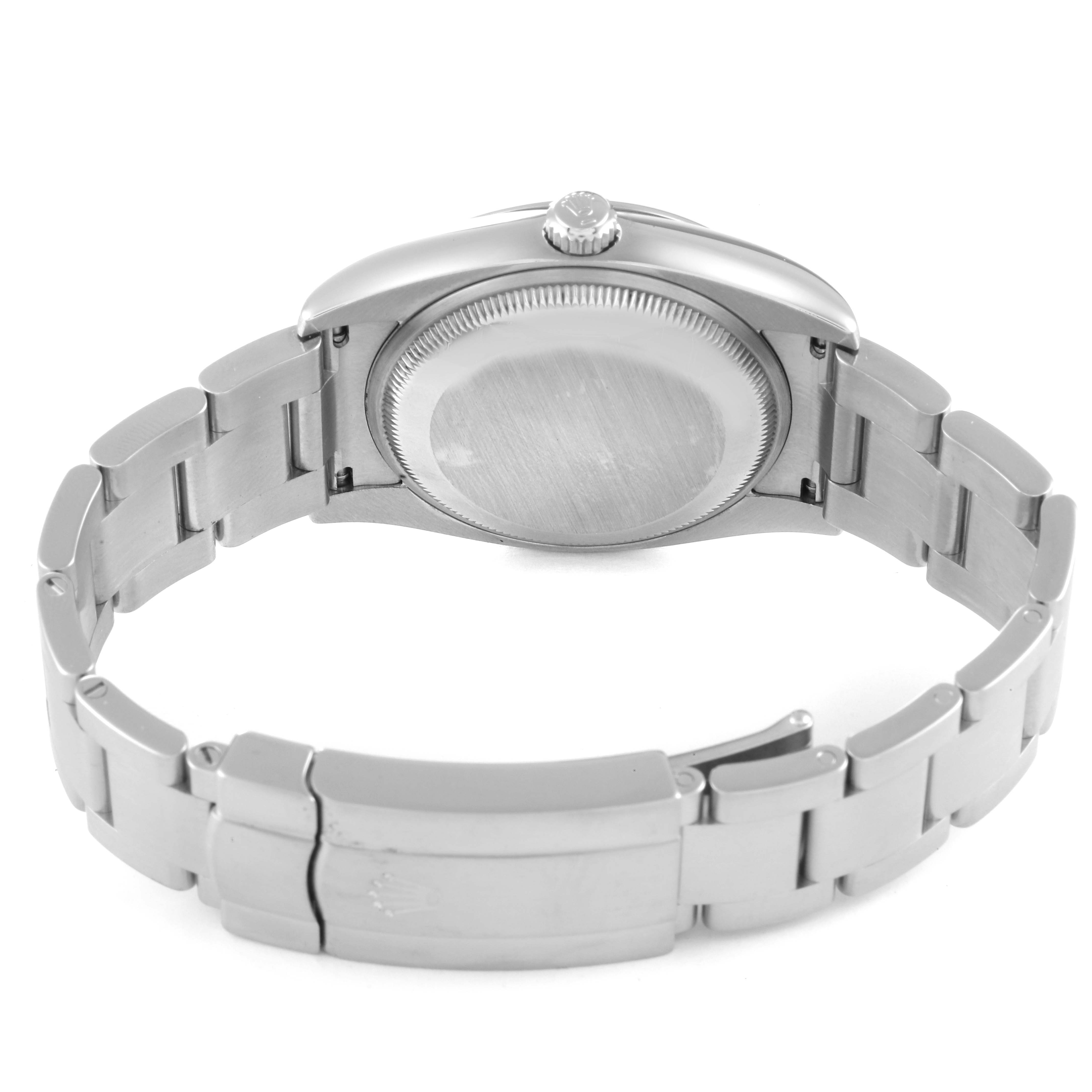 The image shows the back view of a Rolex Air-King 114200 Men's Stainless Steel Silver Dial 114200 Men's Stainless Steel Silver Dial watch, highlighting the case back, crown, and bracelet.