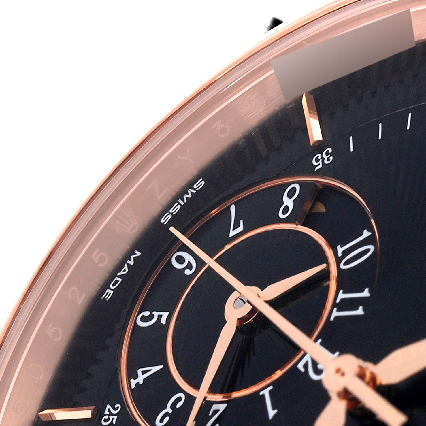 This close-up image of a Rolex Cellini 50525 Men's Rose Gold Black Dial 50525 Men's Rose Gold Black Dial watch shows the dial, hands, and part of the bezel at an angled view.