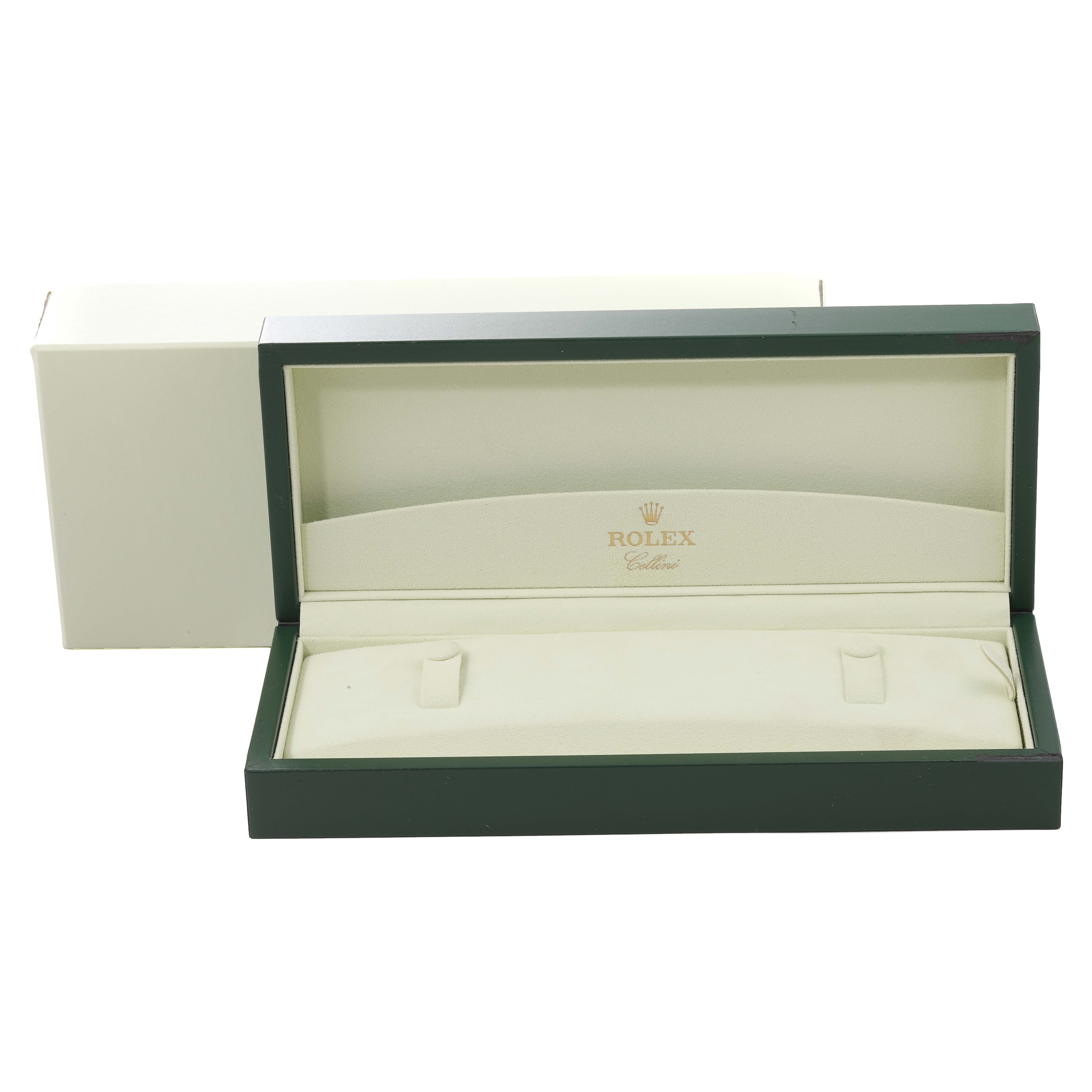 The image shows an open Rolex Cellini 50525 Men's Rose Gold Black Dial 50525 Men's Rose Gold Black Dial watch box, highlighting the interior branding and cushion slots, positioned at a straight-on angle.