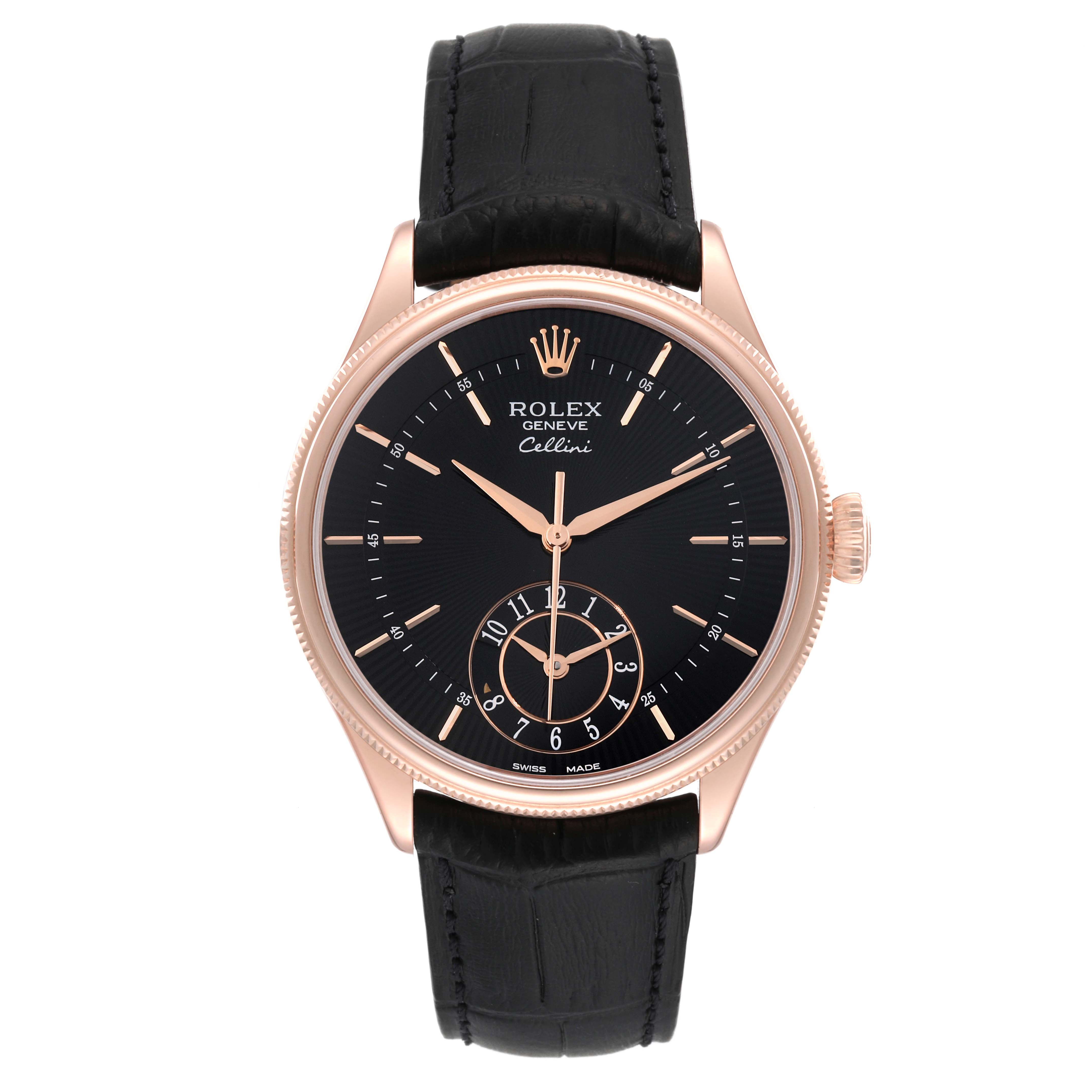 The image shows a Rolex Cellini 50525 Men's Rose Gold Black Dial 50525 Men's Rose Gold Black Dial watch from the front, displaying its black dial, rose gold case, and black leather strap.