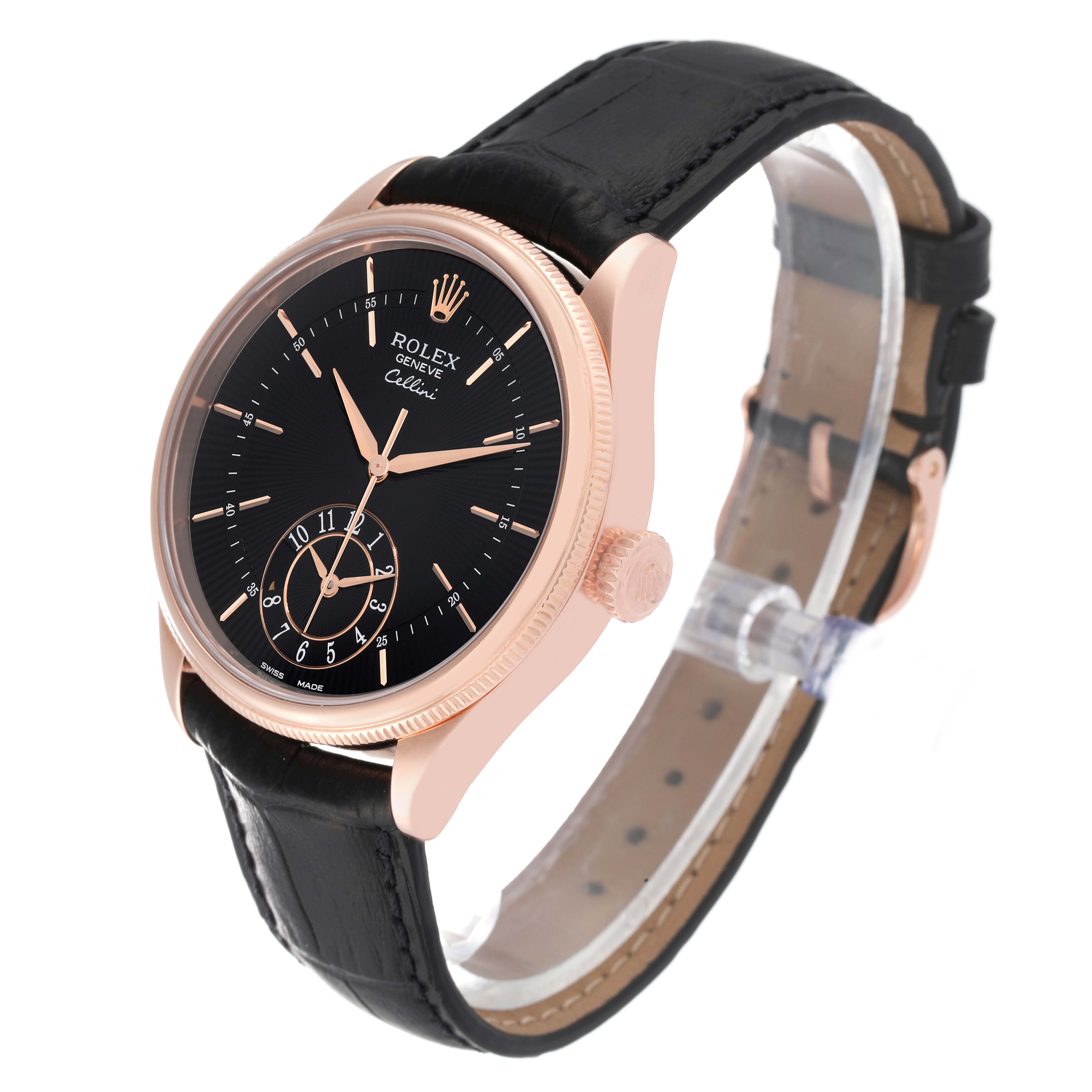 The image shows a Rolex Cellini 50525 Men's Rose Gold Black Dial 50525 Men's Rose Gold Black Dial watch at a slight angled side view, highlighting its black dial, rose gold case, and black leather strap.
