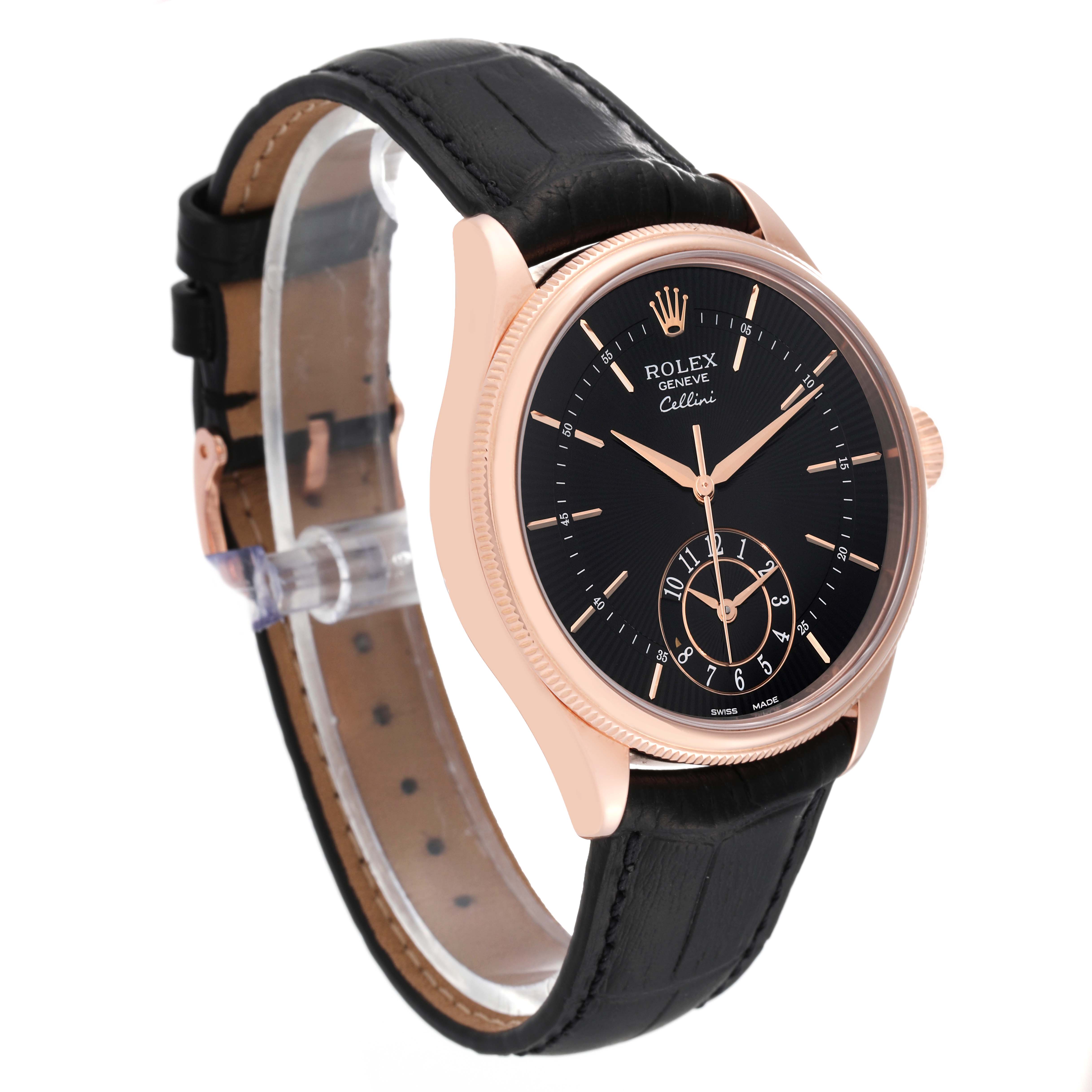 The Rolex Cellini 50525 Men's Rose Gold Black Dial 50525 Men's Rose Gold Black Dial watch is shown from a front angle highlighting its dial, case, and black leather strap.
