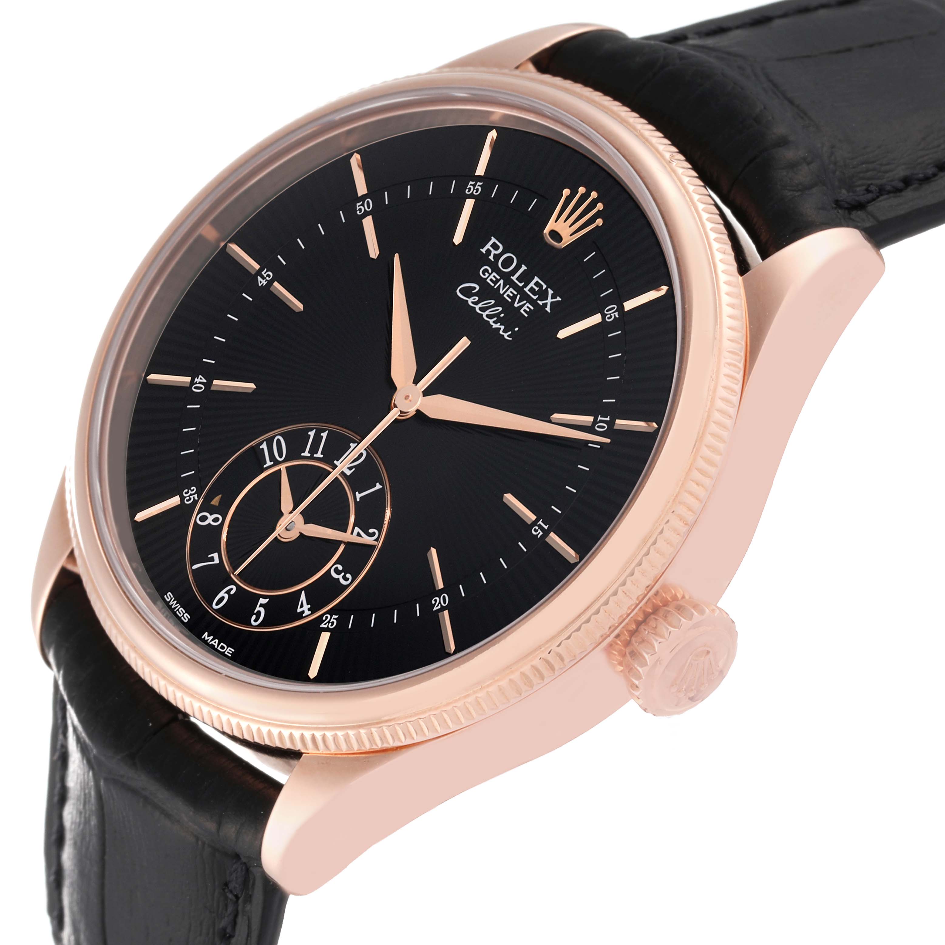 The Rolex Cellini 50525 Men's Rose Gold Black Dial 50525 Men's Rose Gold Black Dial watch is shown at a slight angle, highlighting its black dial, rose gold case, crown, and black leather strap.