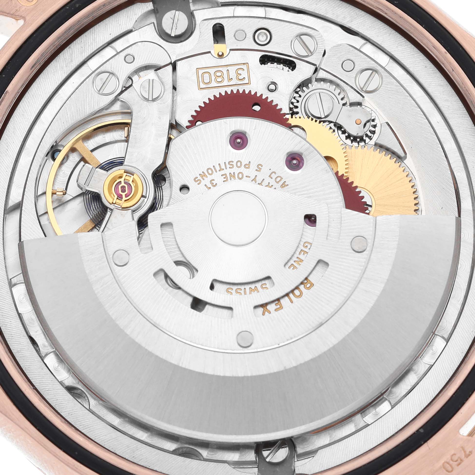 The image shows the intricate inner mechanical movement of the Rolex Cellini 50525 Men's Rose Gold Black Dial 50525 Men's Rose Gold Black Dial watch from a close-up, back angle.