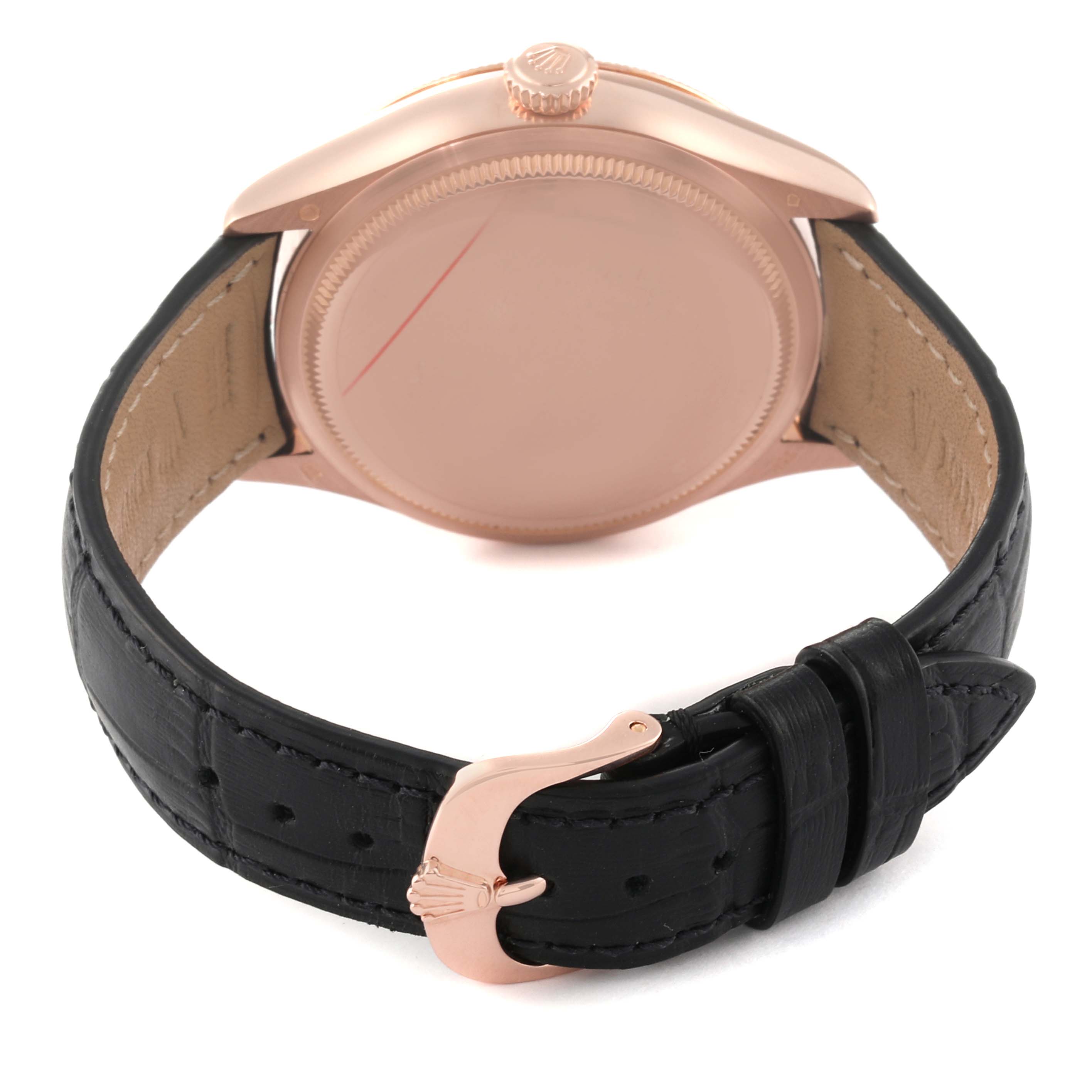 The image shows the back view of the Rolex Cellini 50525 Men's Rose Gold Black Dial 50525 Men's Rose Gold Black Dial watch, including the case back and leather strap with its buckle.