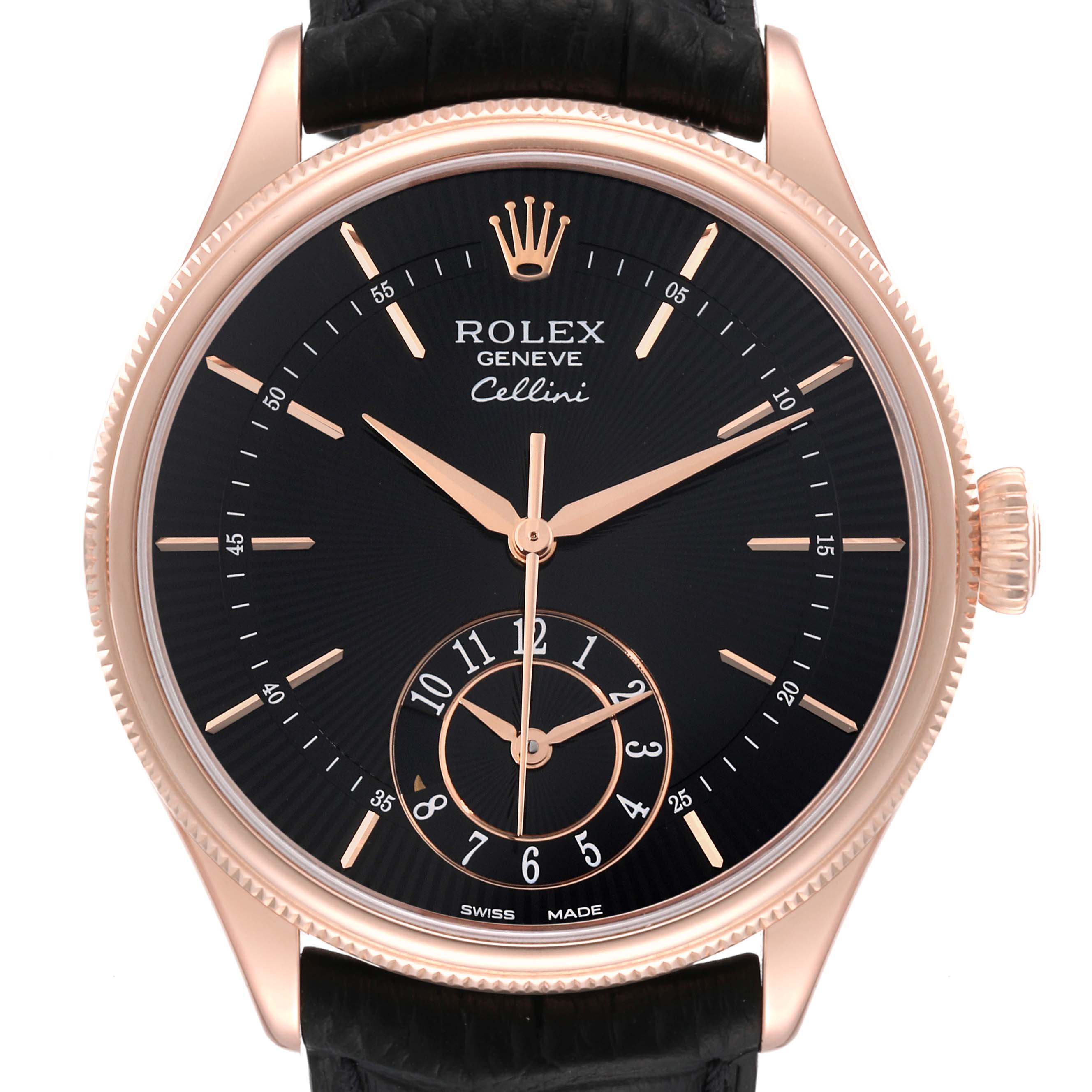 This image shows a close-up, front-facing view of a Rolex Cellini 50525 Men's Rose Gold Black Dial 50525 Men's Rose Gold Black Dial watch, highlighting its dial, hands, and bezel.