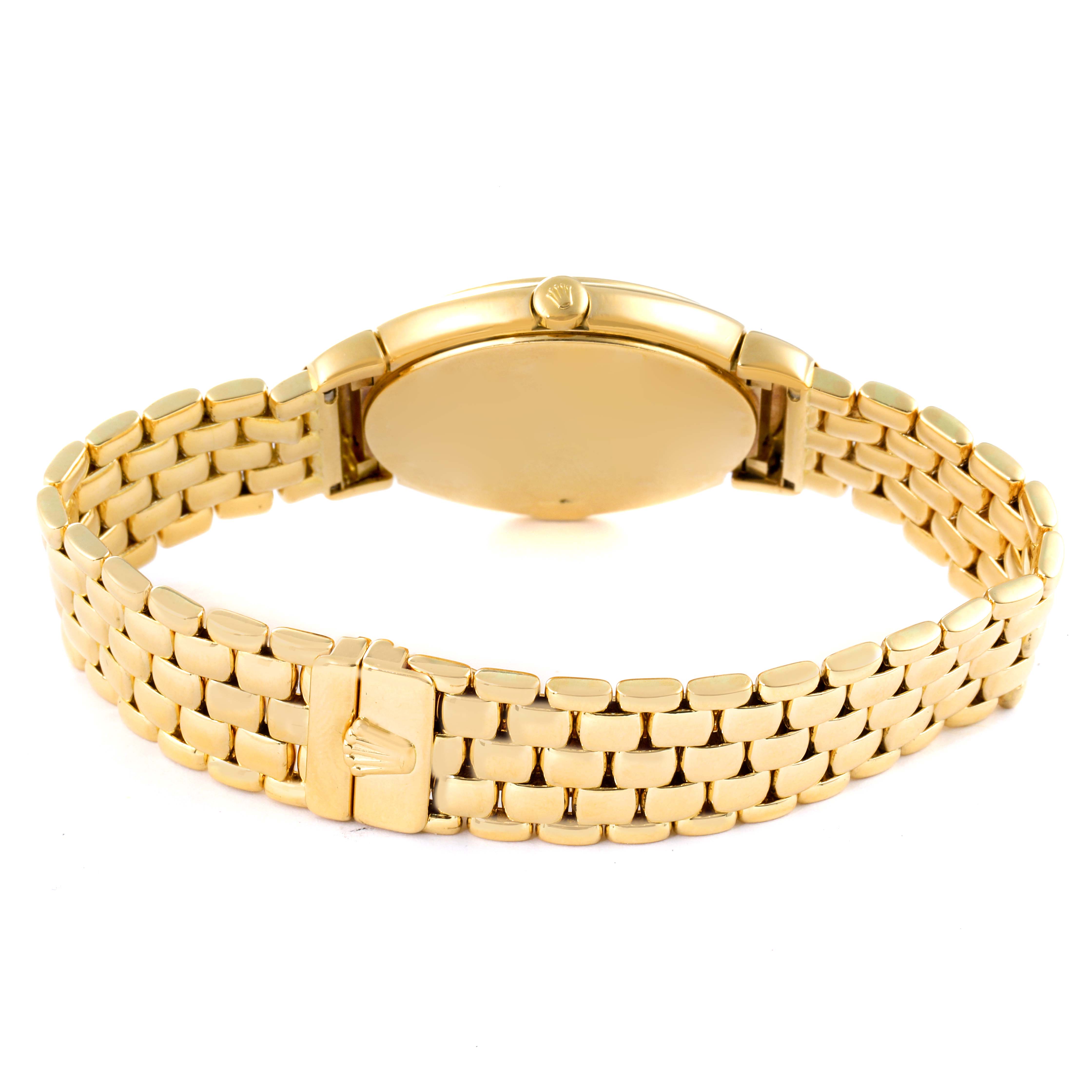 The image shows the back view of the Rolex Cellini 6622 Men's Yellow Gold Champagne Dial 6622 Men's Yellow Gold Champagne Dial watch, highlighting its gold case and bracelet with a crown-adorned clasp.