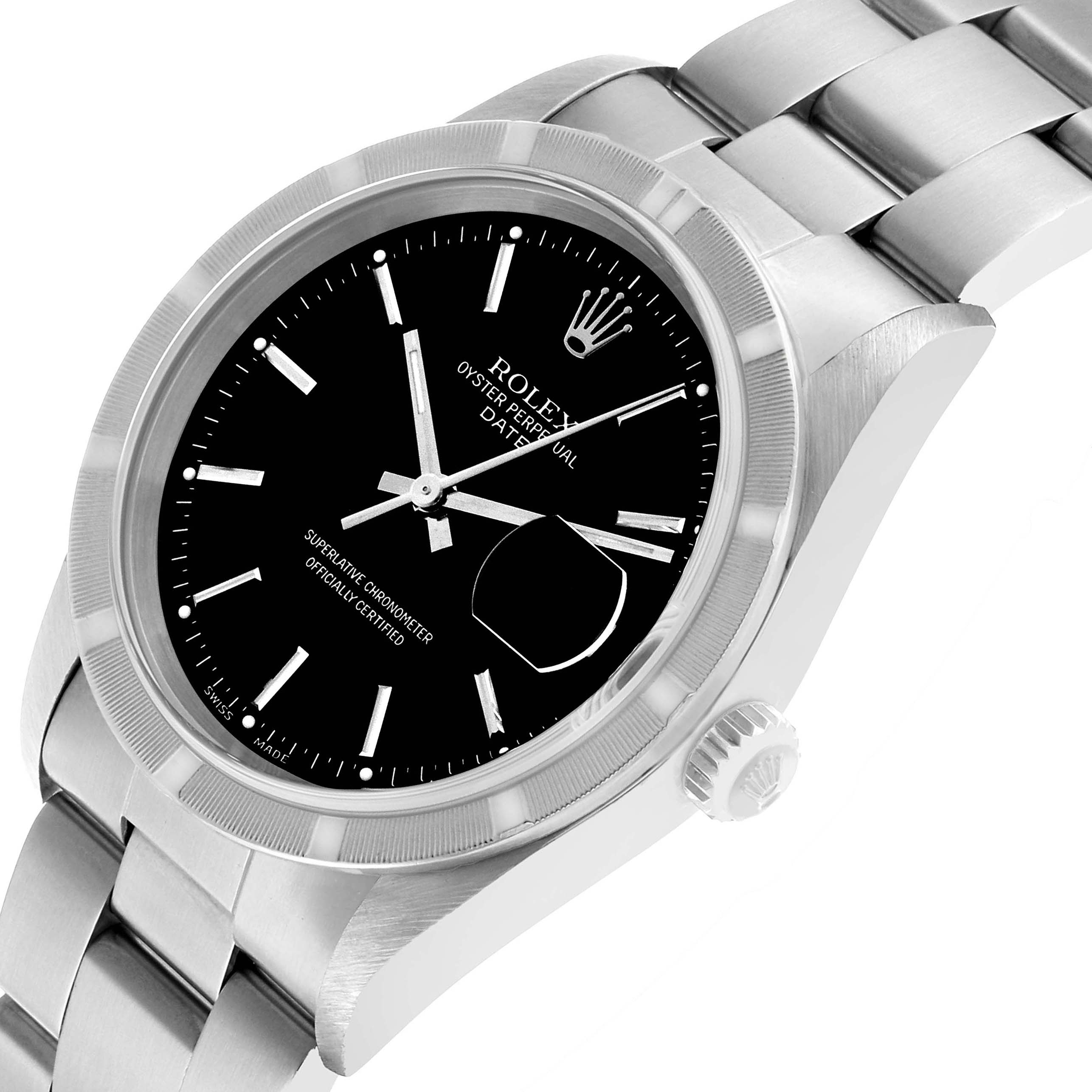 The Rolex Date 15210 Men's Stainless Steel Black Dial watch is shown at a slight angled side view, highlighting the dial, case, and part of the bracelet.